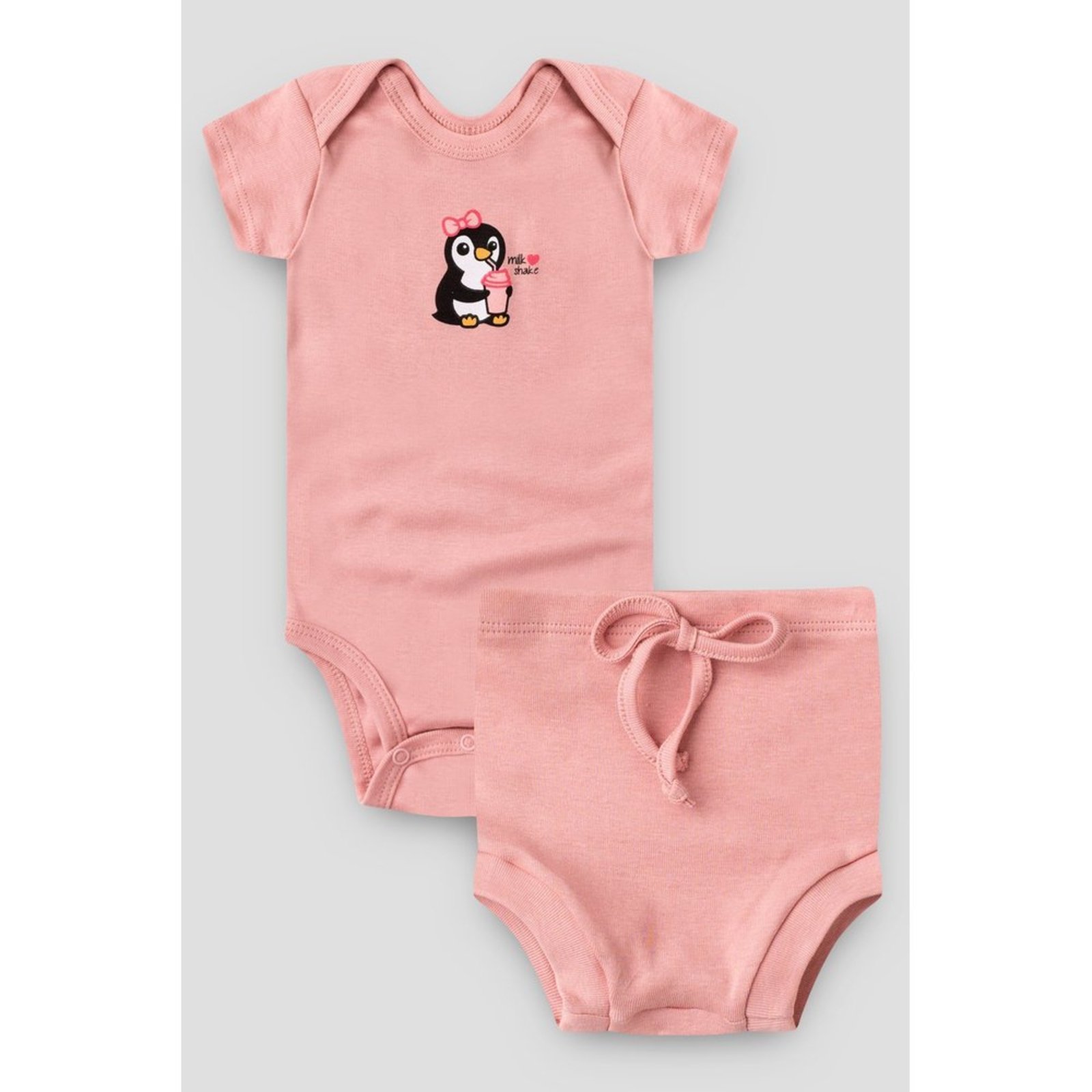 Infantil - Conjunto Body Curto e Tapa Fralda do Papai Rosa Pinguim Milkshake