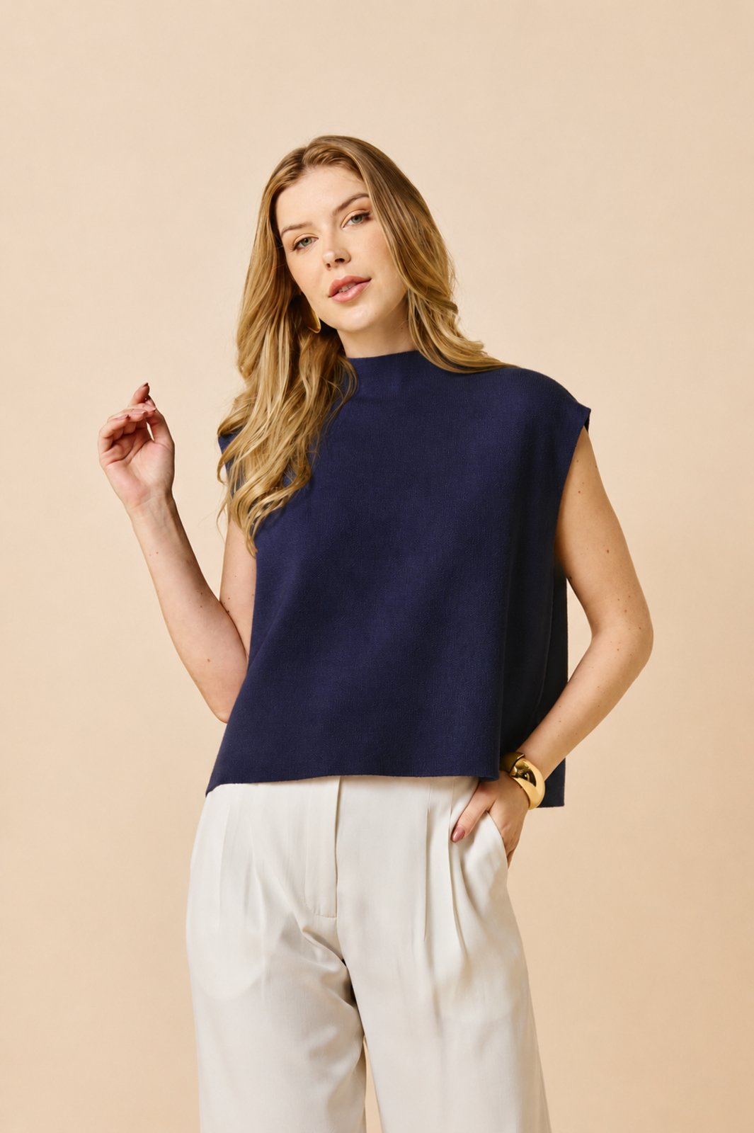 Colete em Tricot Gola Alta Marie - Azul Marinho