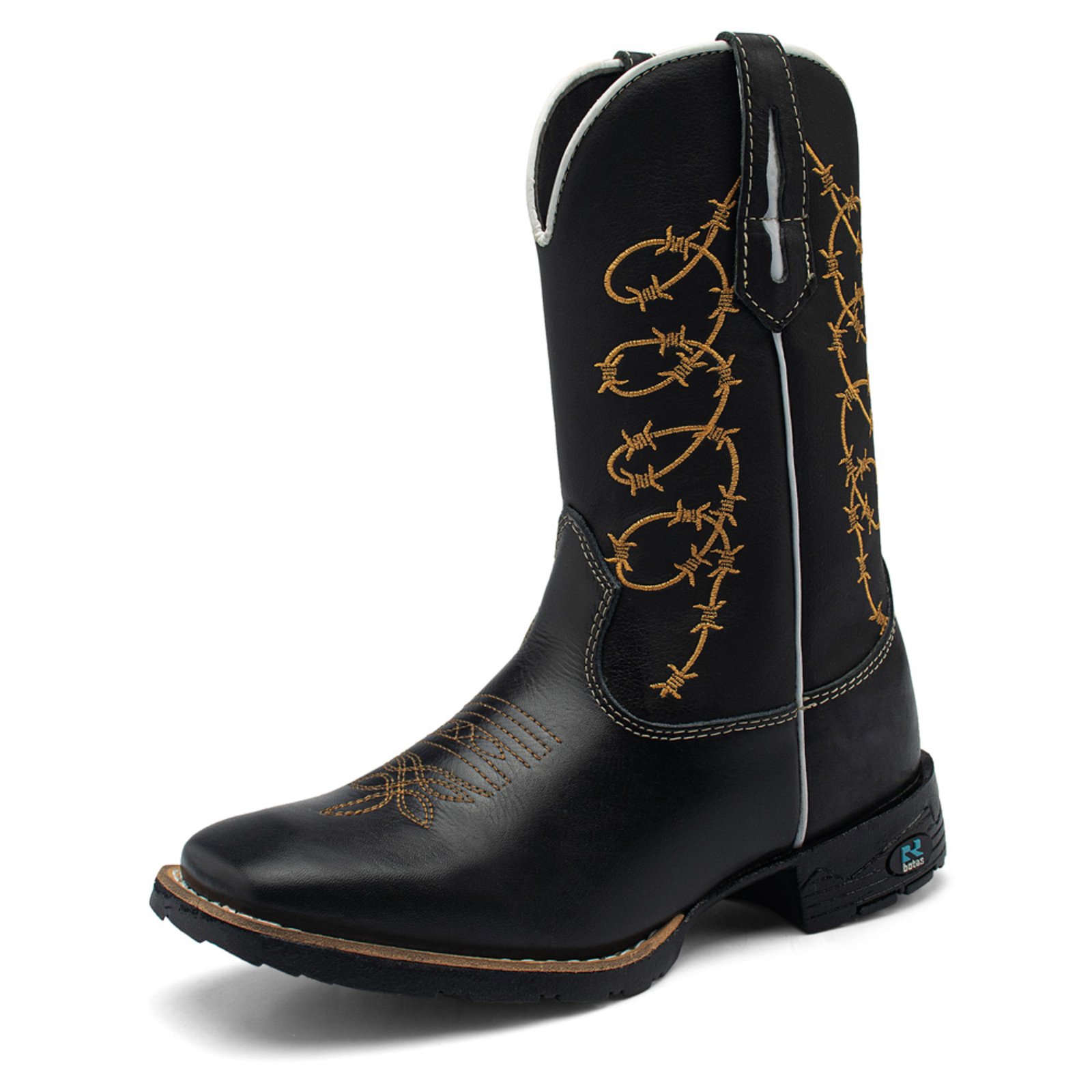 Bota Texana Masculina RR Botas Country em Couro Cano Alto Com Bordado Arame Bico Quadrado Preto
