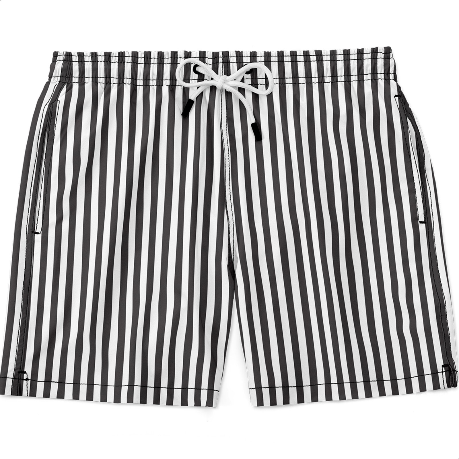Shorts Masculino Tactel e Elastano Estampado Leve c/ Elástico e Cordão Ajustável na Cintura Bolsos Laterais e Secagem Rápida Uso Casual Treino Academia Listrado Linhas Pretas e Brancas