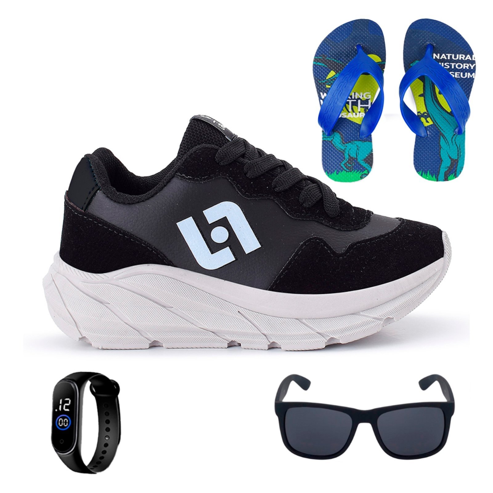 Vista 2 Infantil - Tenis Meninos Jogger Escolar Casual Camurça + Chinelo Oculos Relogio CALCADOS LGHT LIGHT preto CALCADOS LGHT LIGHT preto