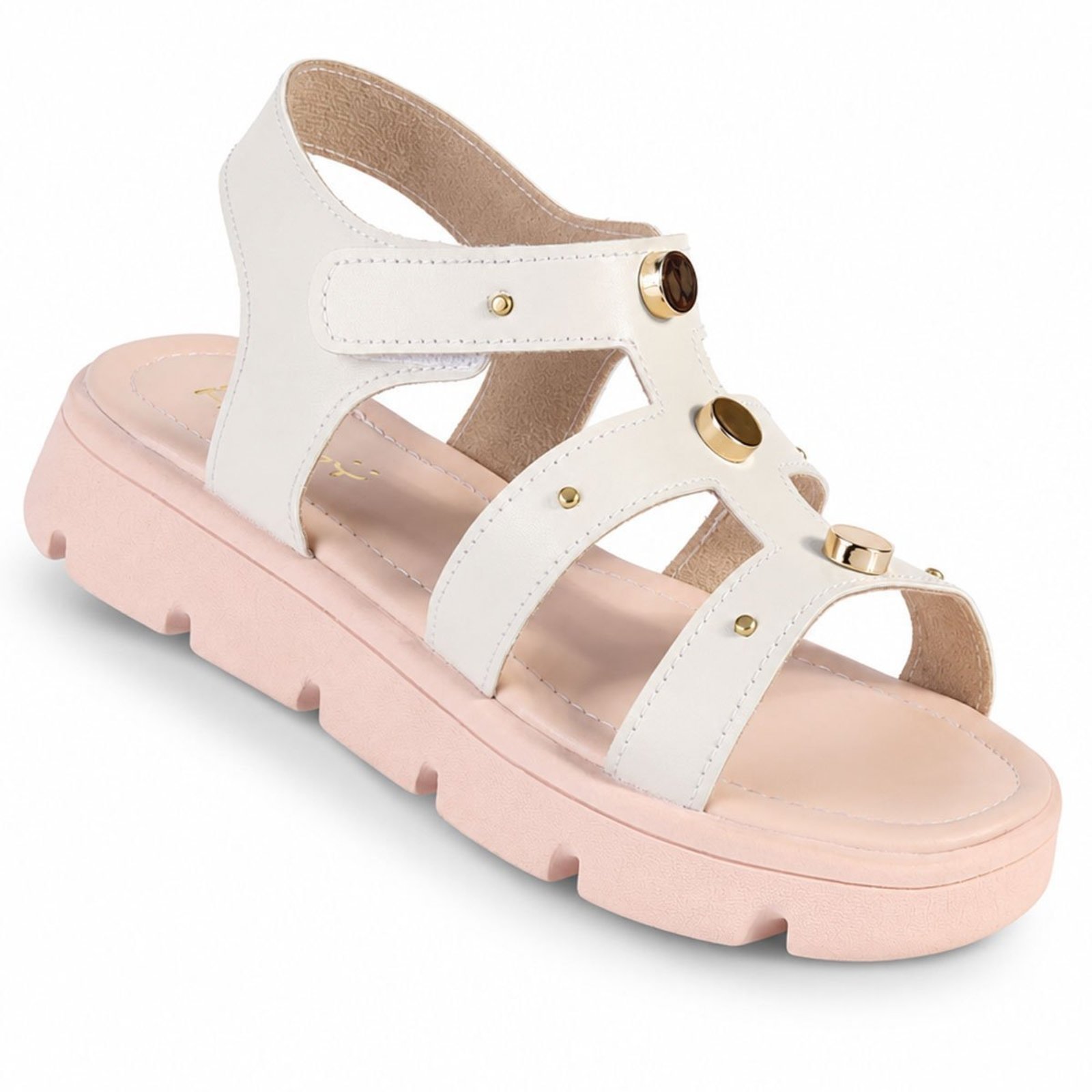 Infantil - Sandália Menina Bee Happy Off White com Solado Tratorado Rosa e Aplicações Douradas