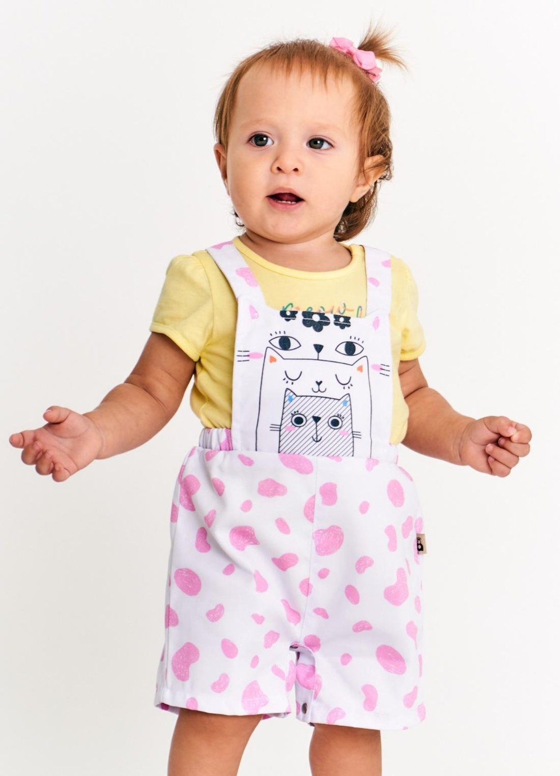 Infantil - Jardineira Menina Estampa Geocats Gatinhos Branco