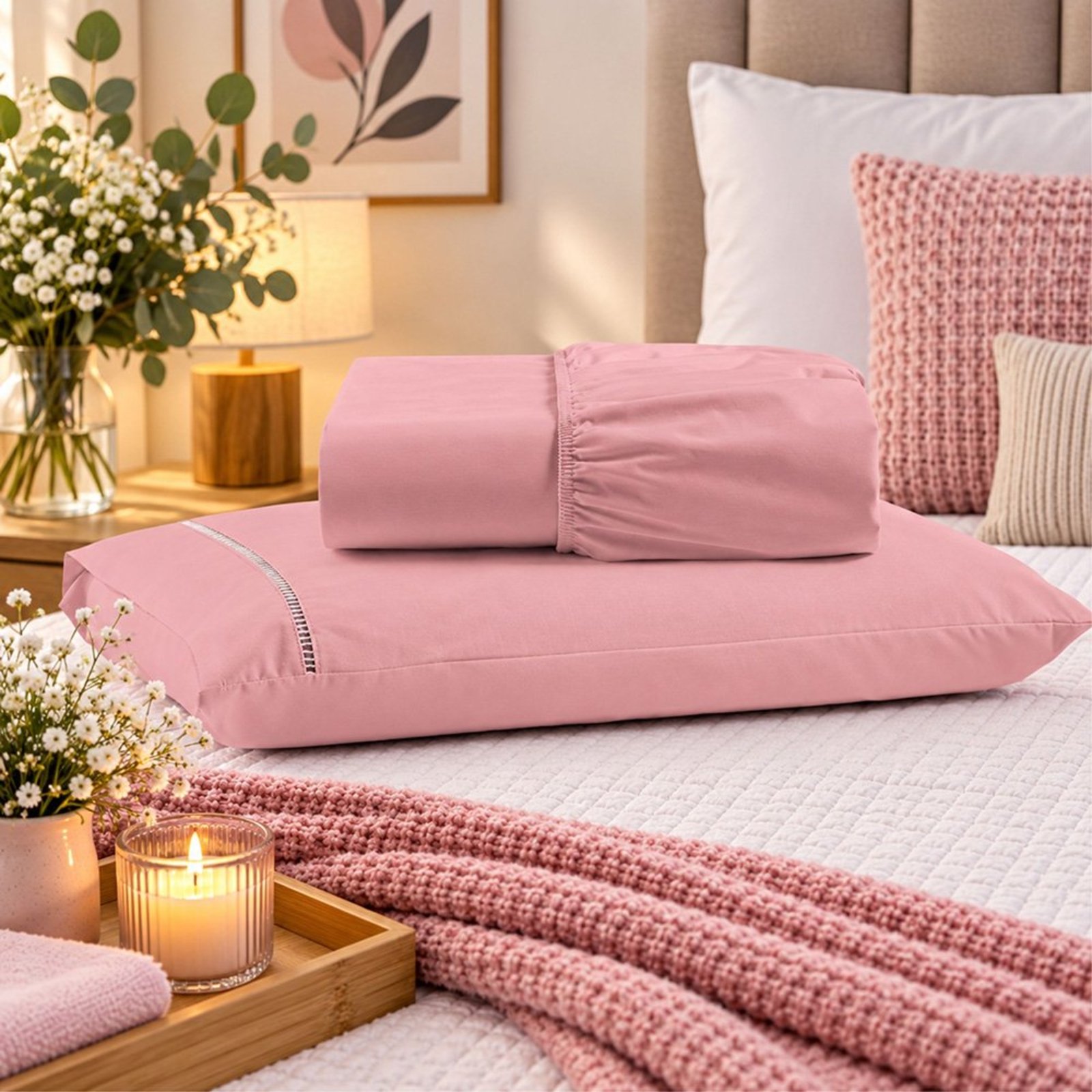 Jogo de Cama Lençol Solteiro Pluma Percal 180 Fios 2 Peças 100% Algodão - Rosa
