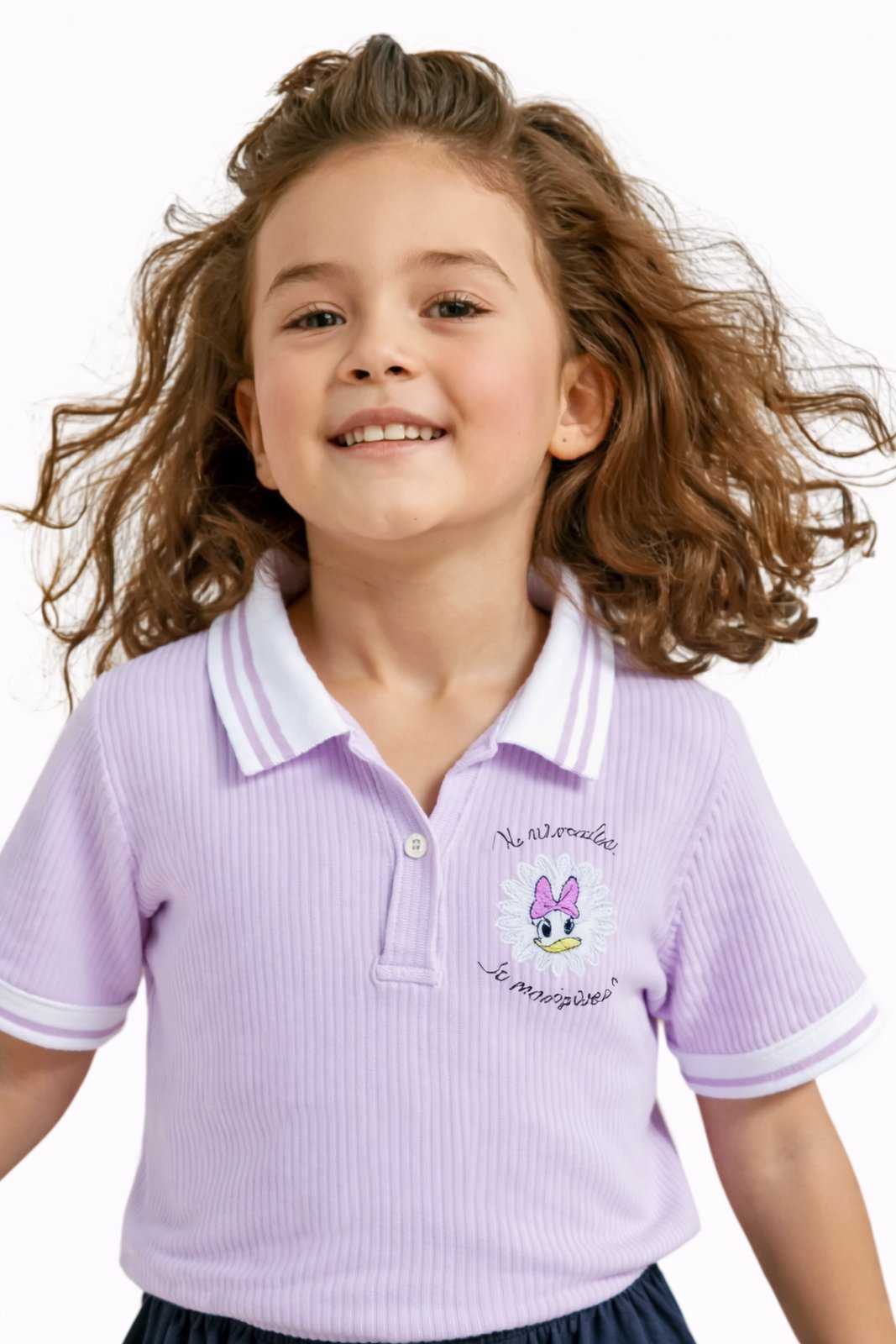 Infantil - Polo Daisy Bordada Canelada Lilás Manga Curta Roxo