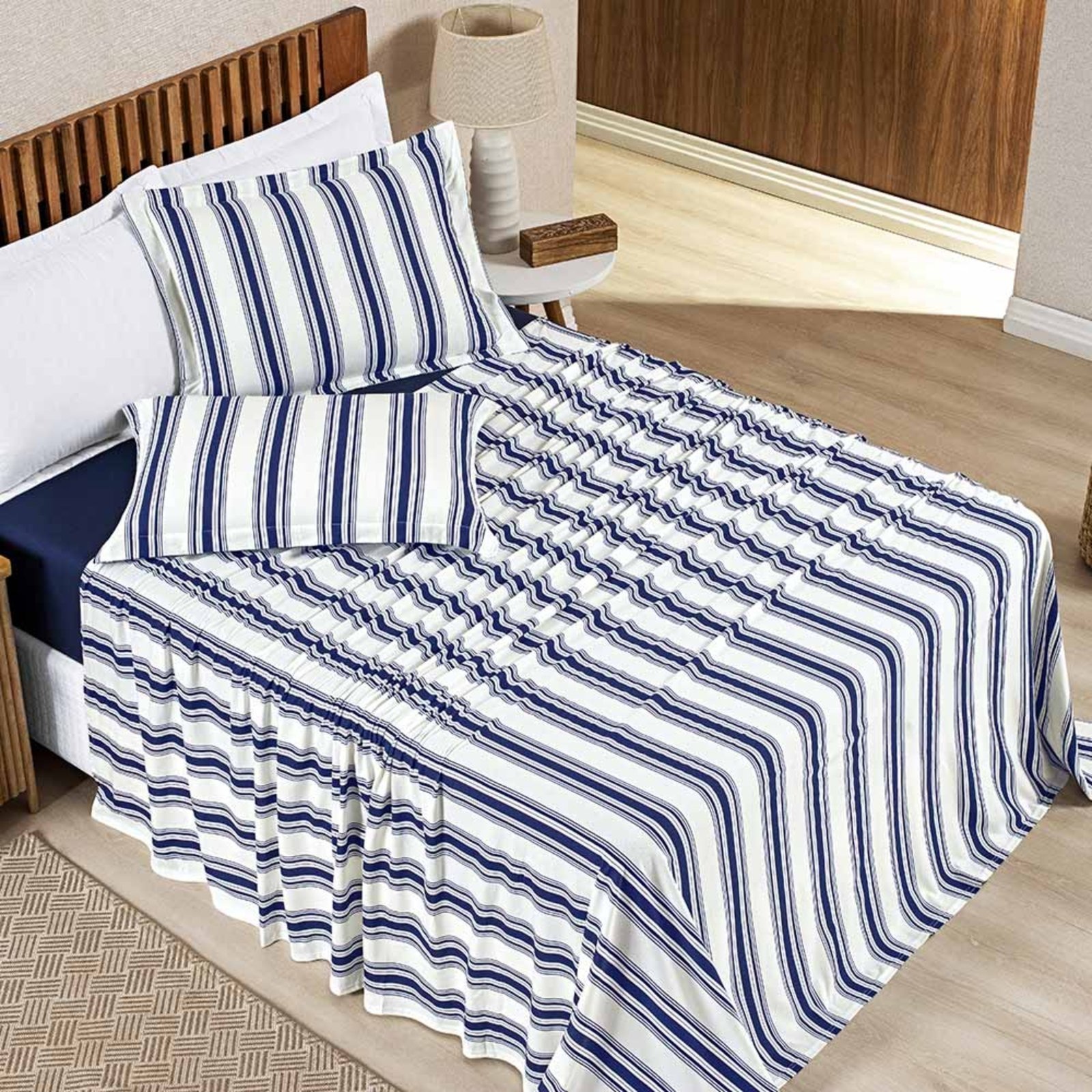 Jogo Cama Lençol Estilo King 100% Algodão 4 Peças - Marinho - 100% Algodão