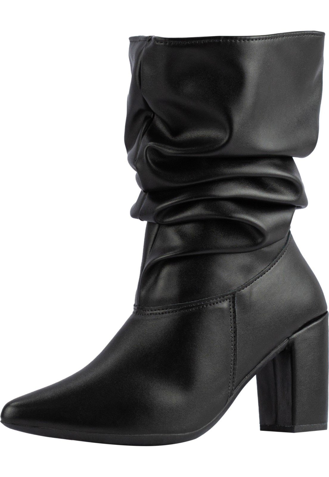 Bota Feminina Slouchy Lumiss Cano Médio Enrugado Confort Stretch Salto Alto Bico Fino Preto