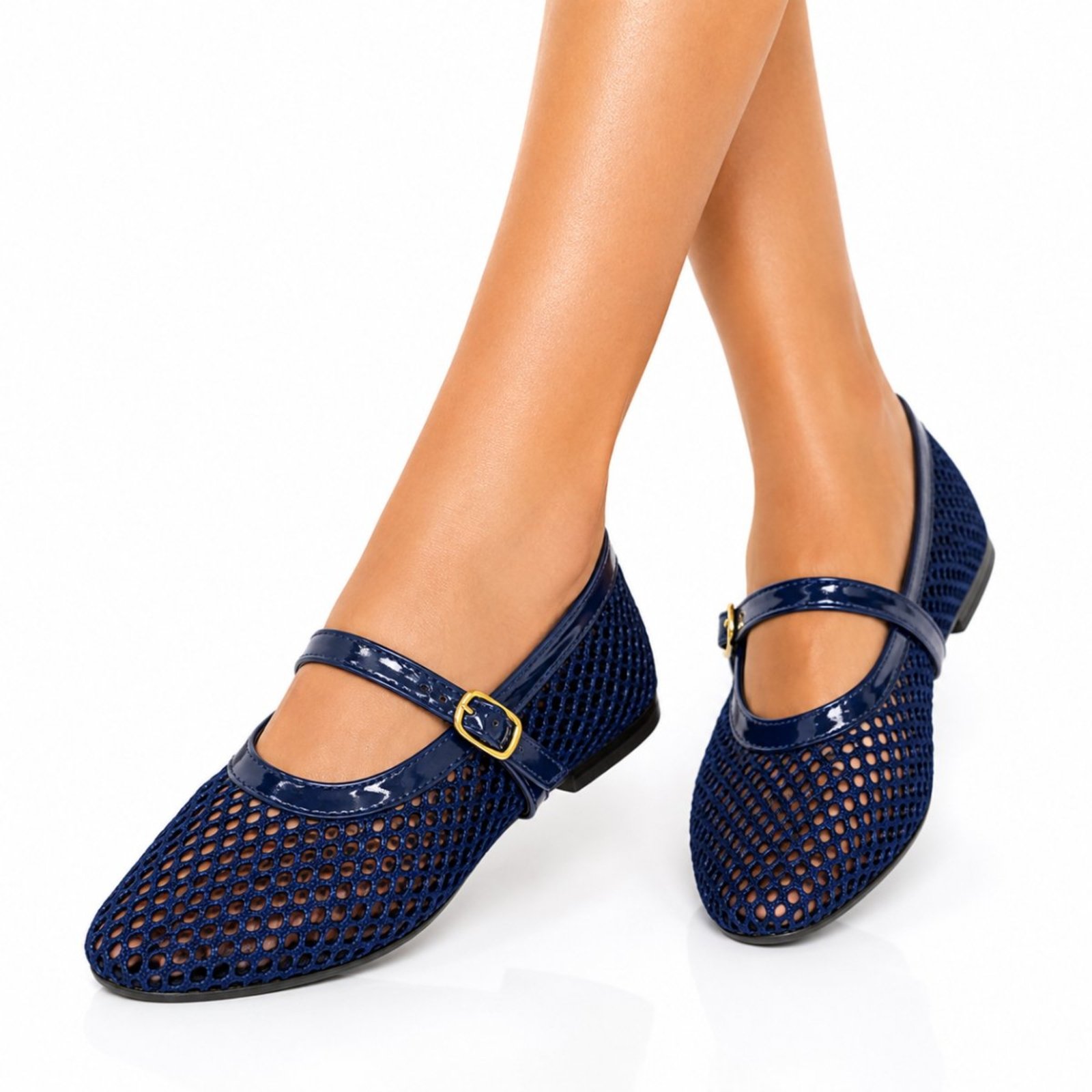 Sapatilha Estilo Boneca Bico Fino Sete Sales em Telinha Tira Com Fivela 5400 Azul
