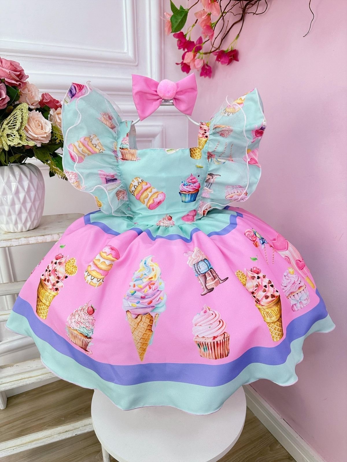 Infantil - Vestido Luxo Confeitaria Sorvete Doces Cup Cake Rosa Verde Laço Cabelo Temático Aniversário Passeio Social Menina Juvenil