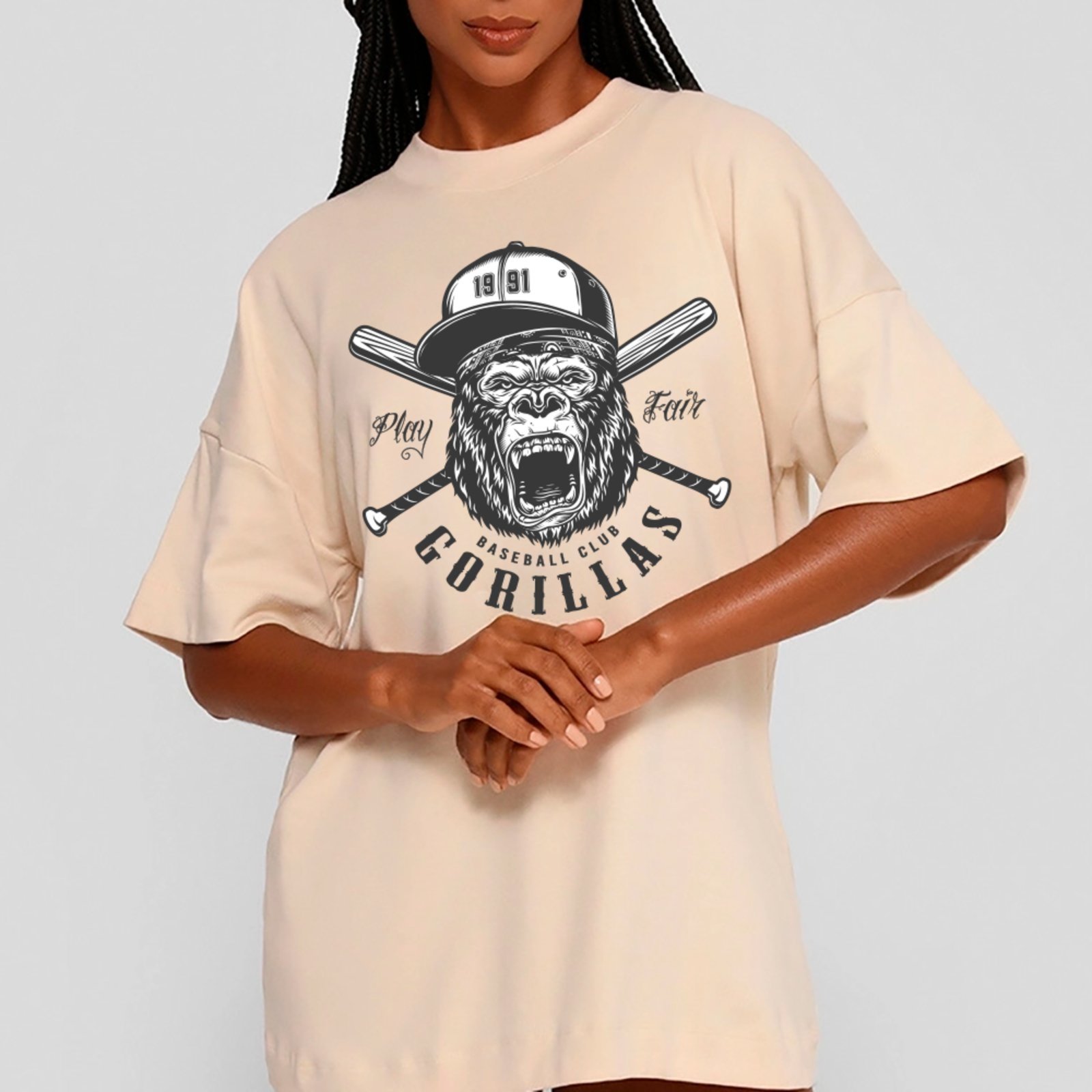 Vista 2 Camiseta Ousy Unissex Streetwear Play Fair Gorila Estilo Esportivo Oversized Off White off-white white ousy off-white white