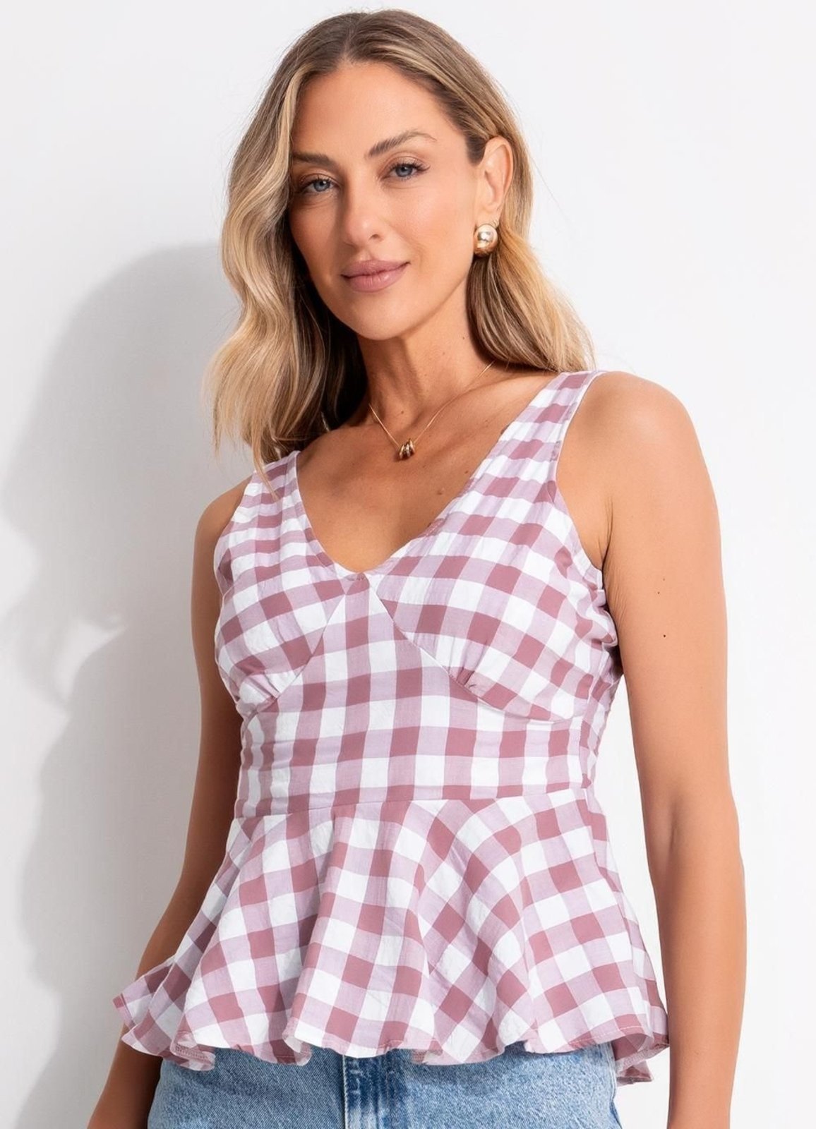Blusa Em Tecido Plano De Poliéster Vichy Rose Quintess