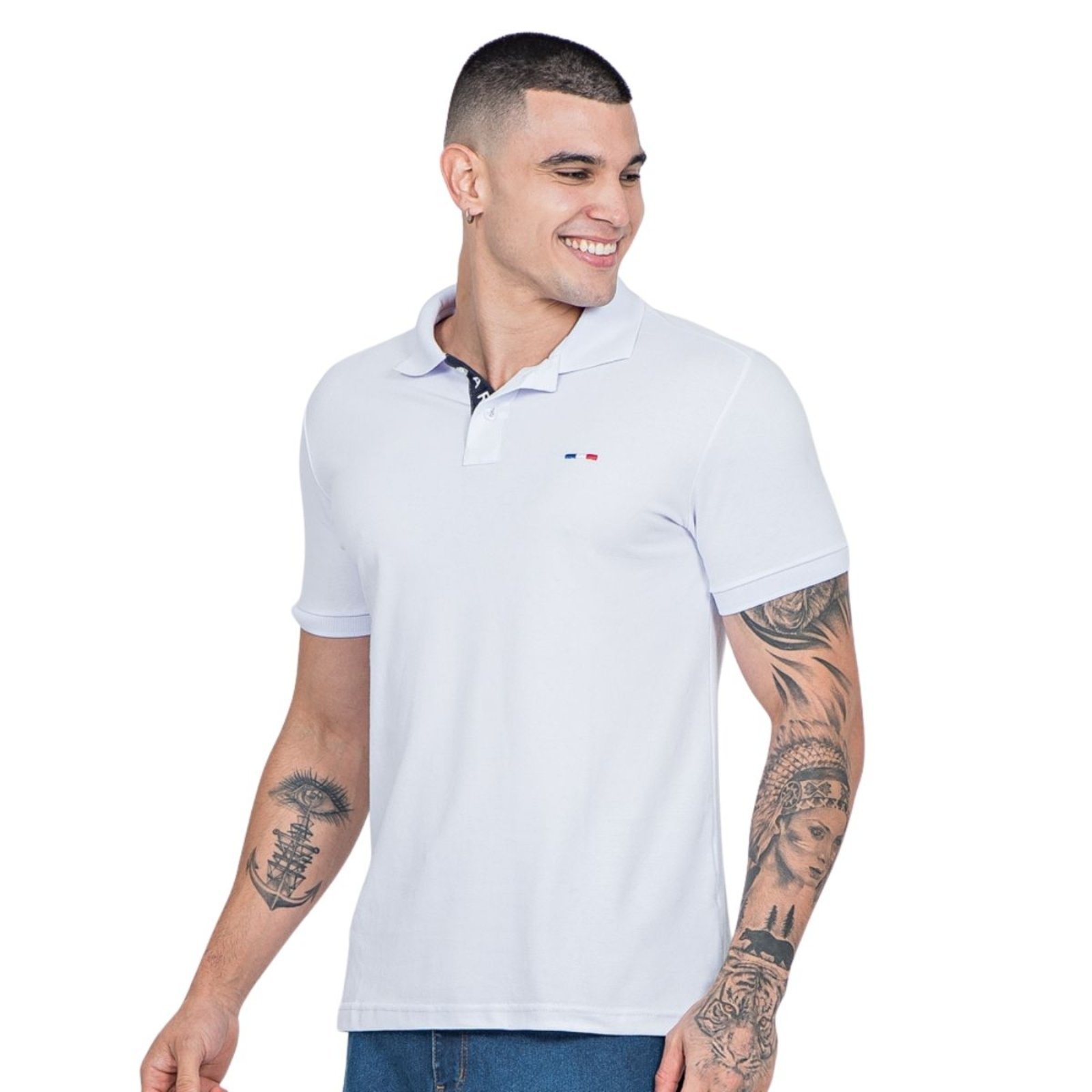 Camisa Polo FMF Masculina Básica Industrie Piquet no Estilo Tommy Bordado França Branco