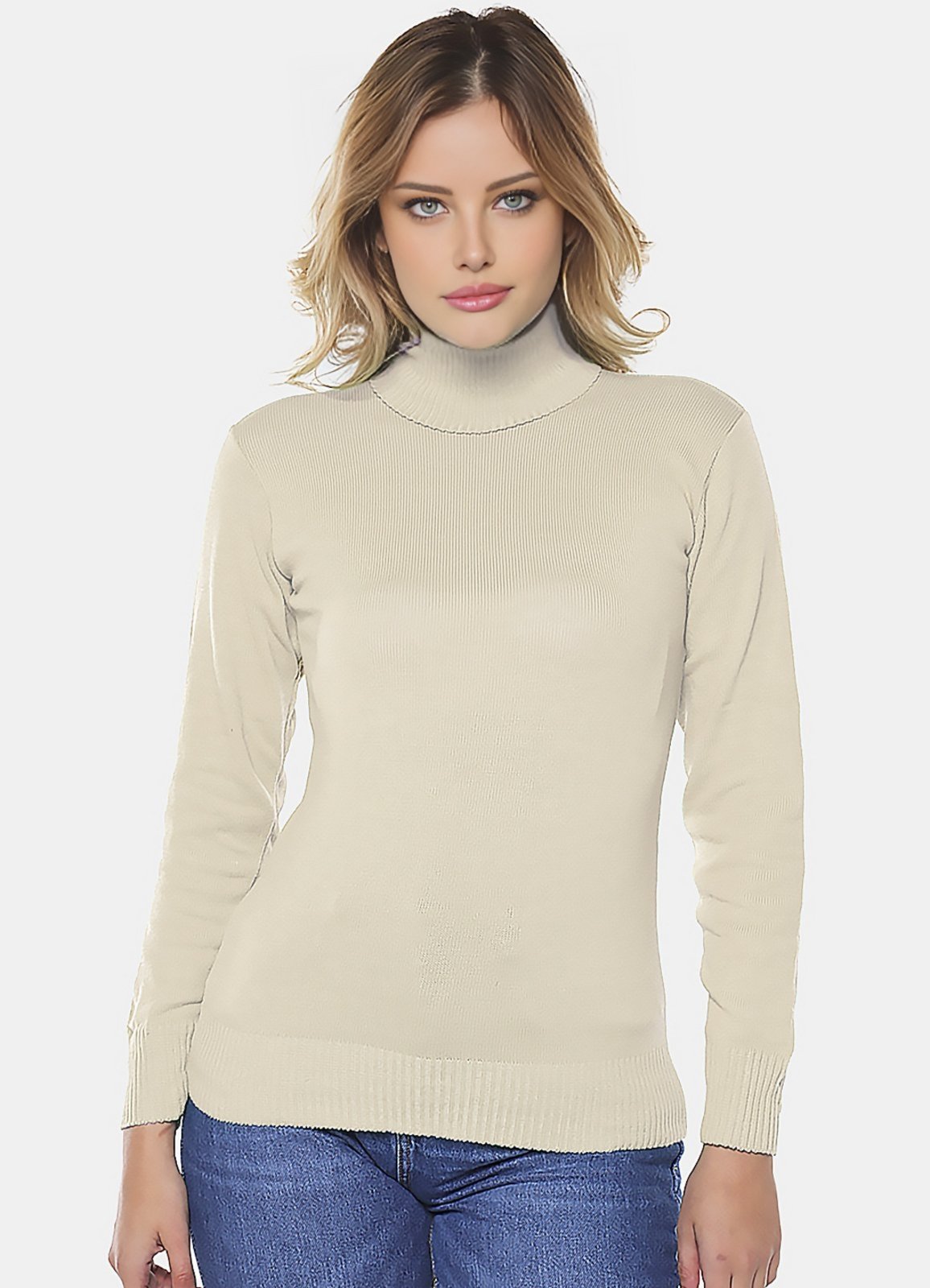 Blusa de Tricot Bege Sob Gola Alta Manga Longa Justa