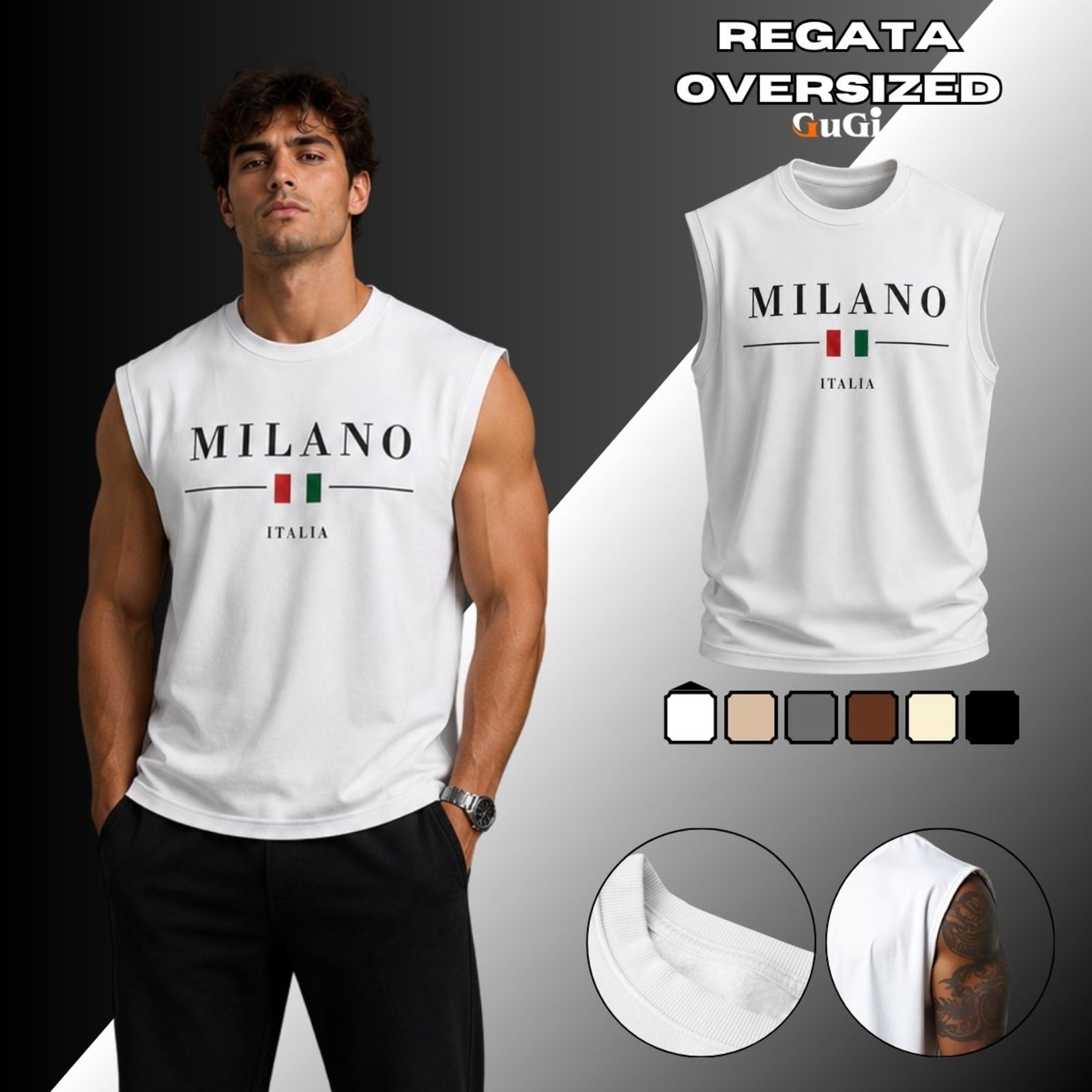 Camiseta Regata Masculina Oversized Estampada Milano Italia 100% Algodão 30.1 Branco