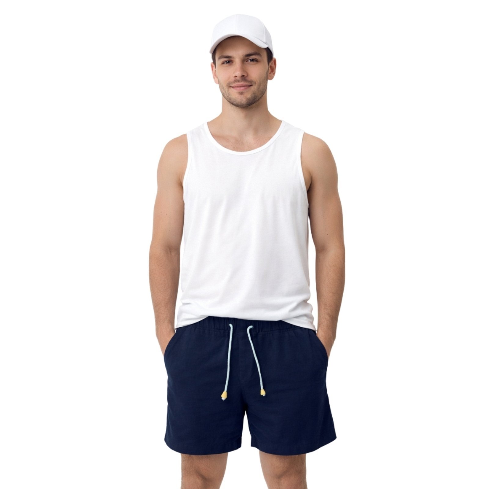 Conjunto Regata Short Linho e Boné 6 Painéis Premium Masculino Moda Praia Luxo