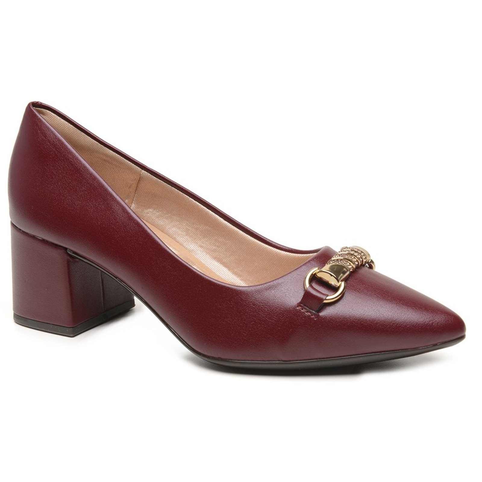 Scarpin Feminino Miuzzi Modelo Salto Bloco Médio Bico Fino Com Detalhe Em Metal Frontal Em Couro Legítimo Burgundy