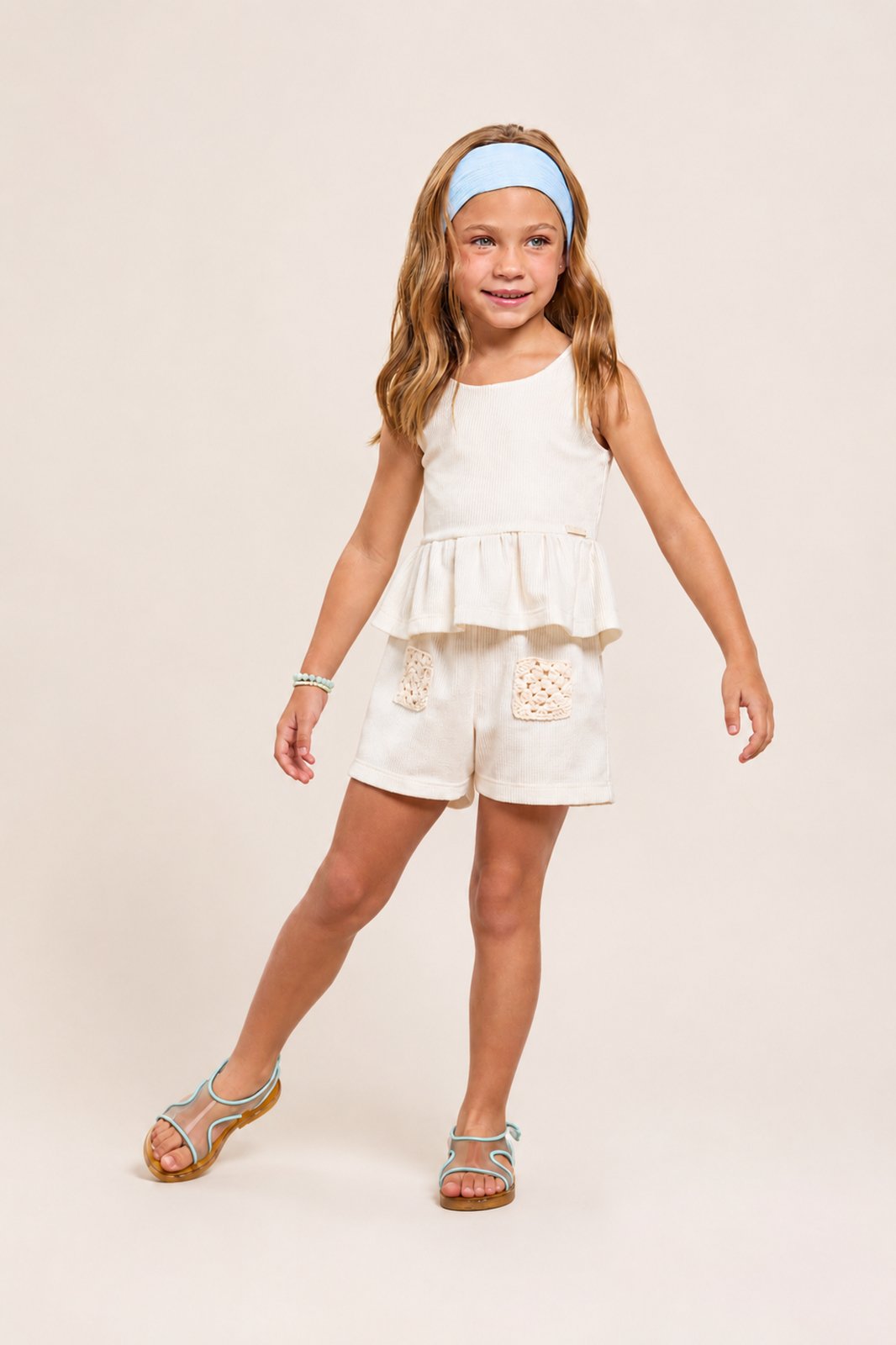 Infantil - Conjunto Menina Verão Liso Babados e Crochê