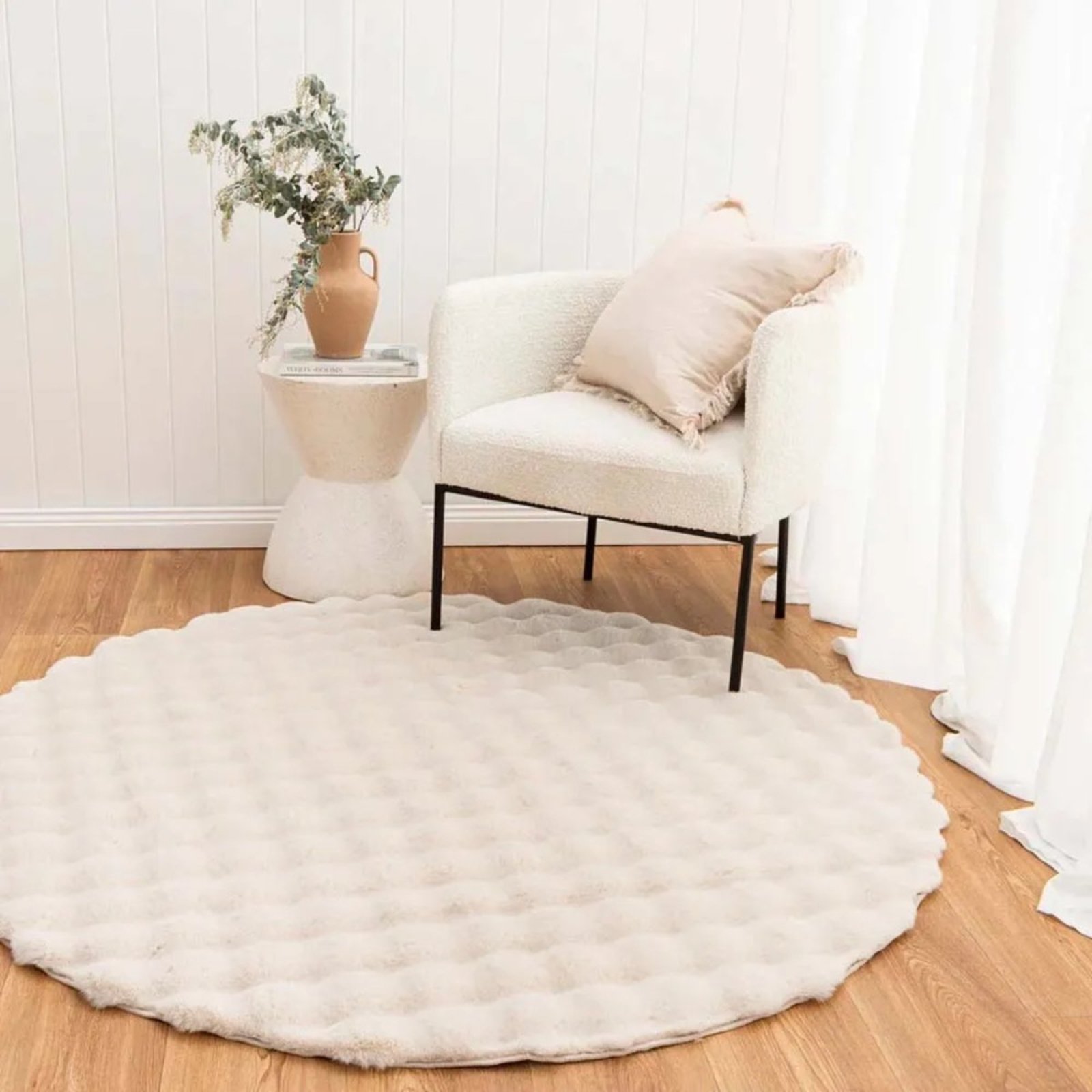Tapete Redondo Sala Quarto 1,50 Antiderrapante Niazitex Pele Bubble Marfim
