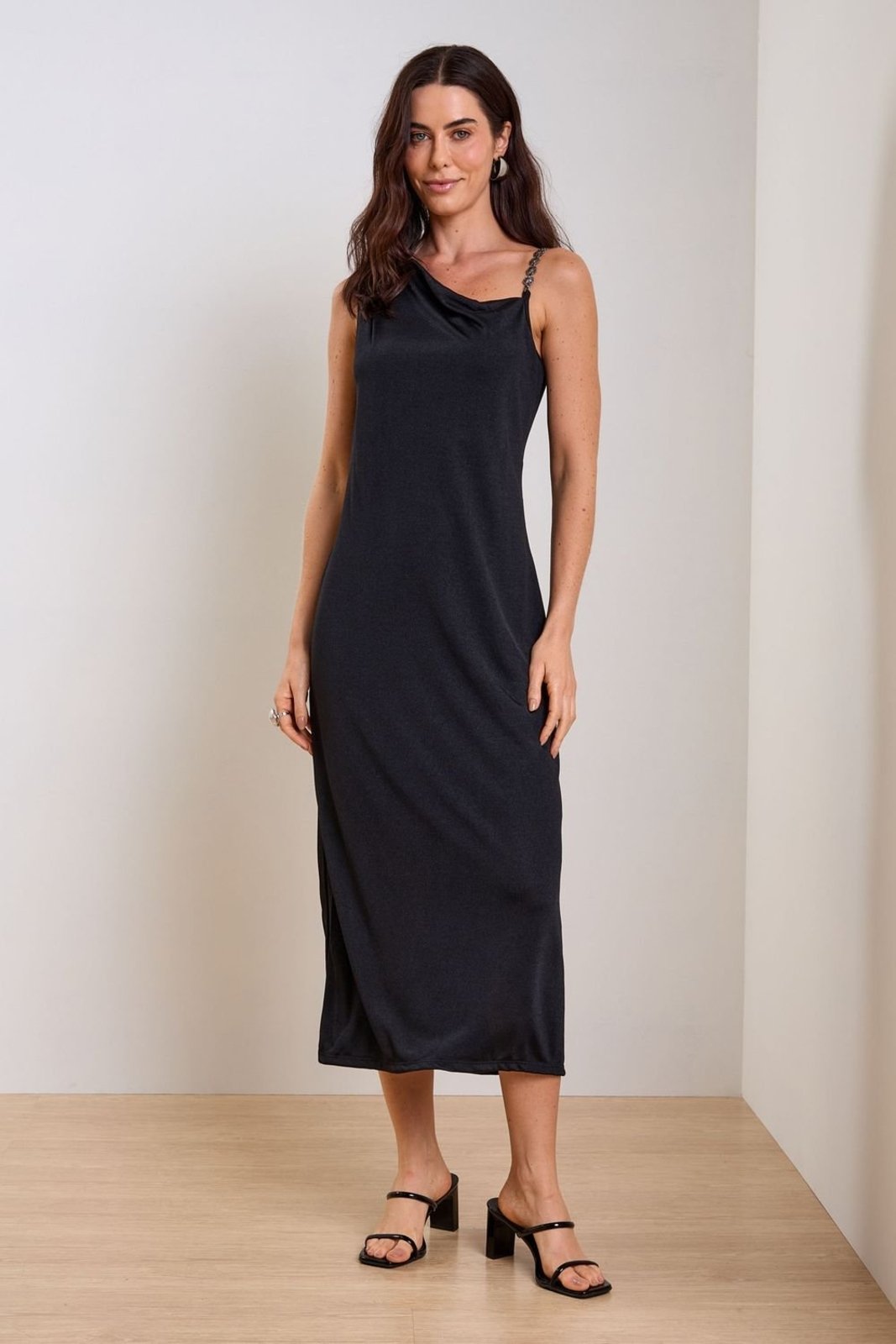 Vestido Feminino Degagê Alça Com Detalhe Marialícia Preto