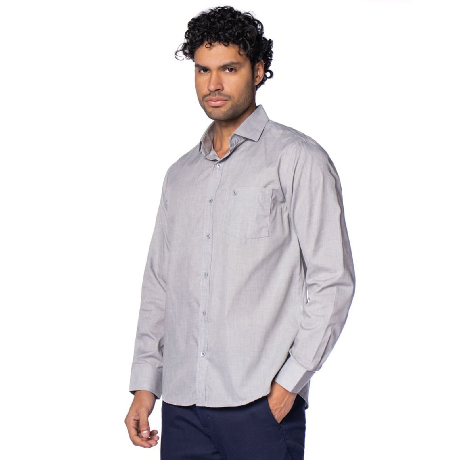 Camisa Masculina Amil Manga Longa Comfort Mescla Cinza