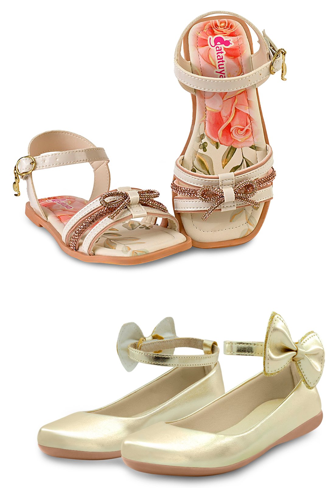 Infantil – Kit 2 Pares Sandália Menina Brilho E Sapatilha Dourada Laço Mzkid
