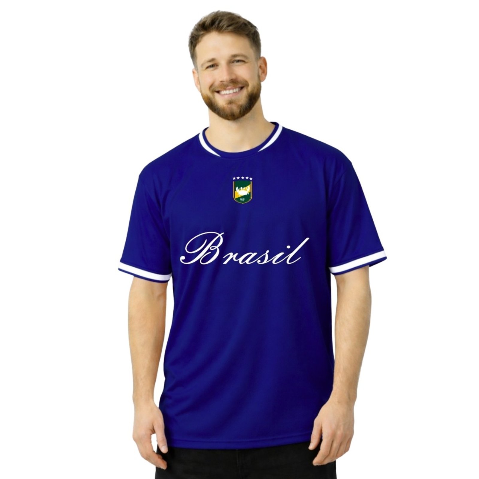 Camiseta Masculina Dry Fit Manga Curta Azul Br Brasão Rlxd Respirável para Academia