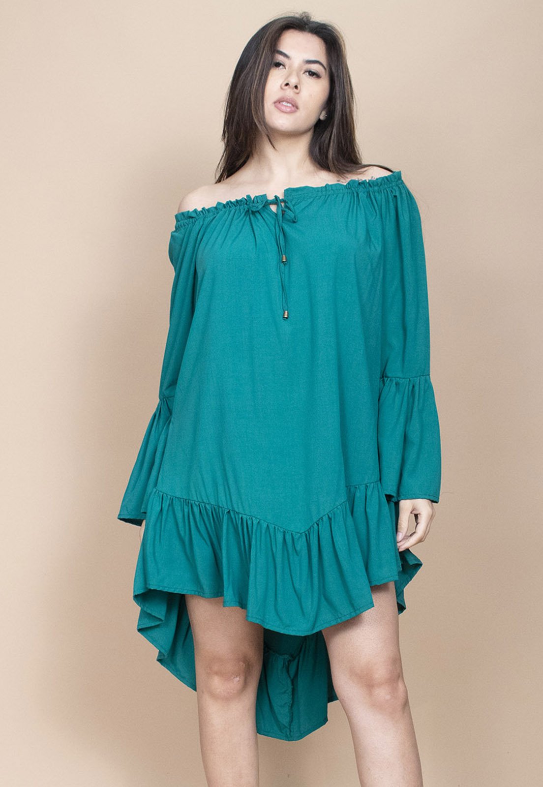 Vestido Curto Cabanafree Viscose Com Babados Verde