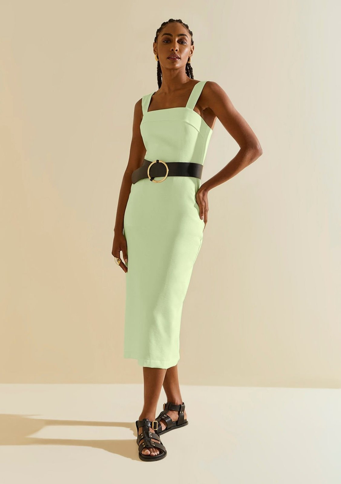 Vestido Morena Rosa Ajustado Decote Reto Com Alça Midi Verde