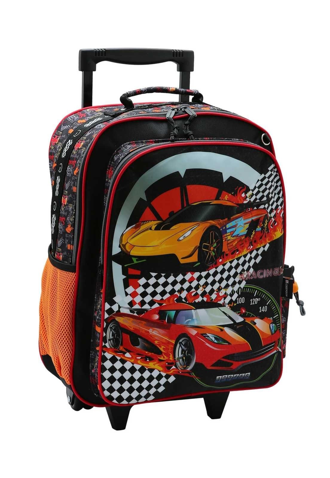 Mochila Escolar de Rodinhas Menino Estampa Carros de Corrida