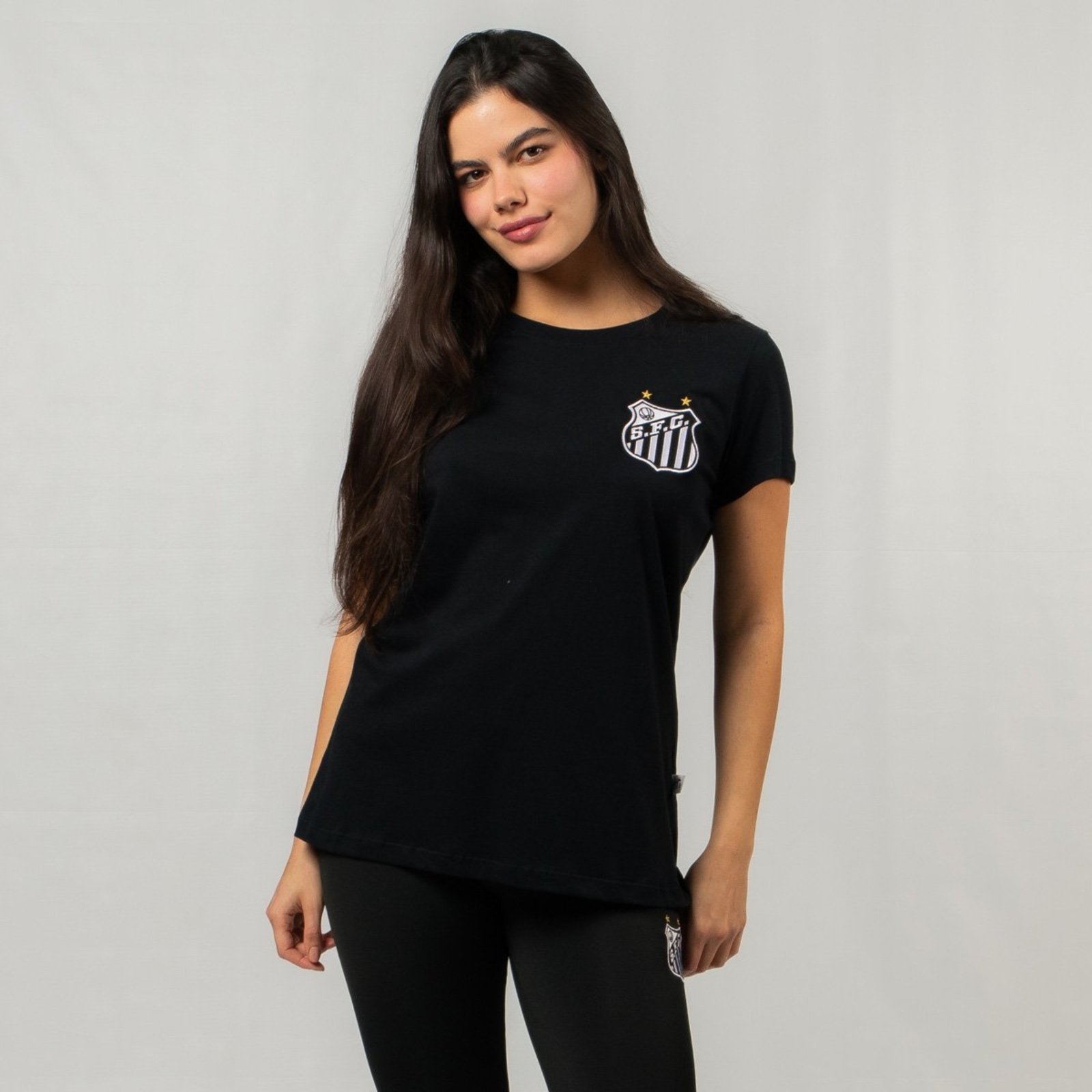 Camiseta Feminina Santos Futebol Clube BabyLook Logo Bordado Preto