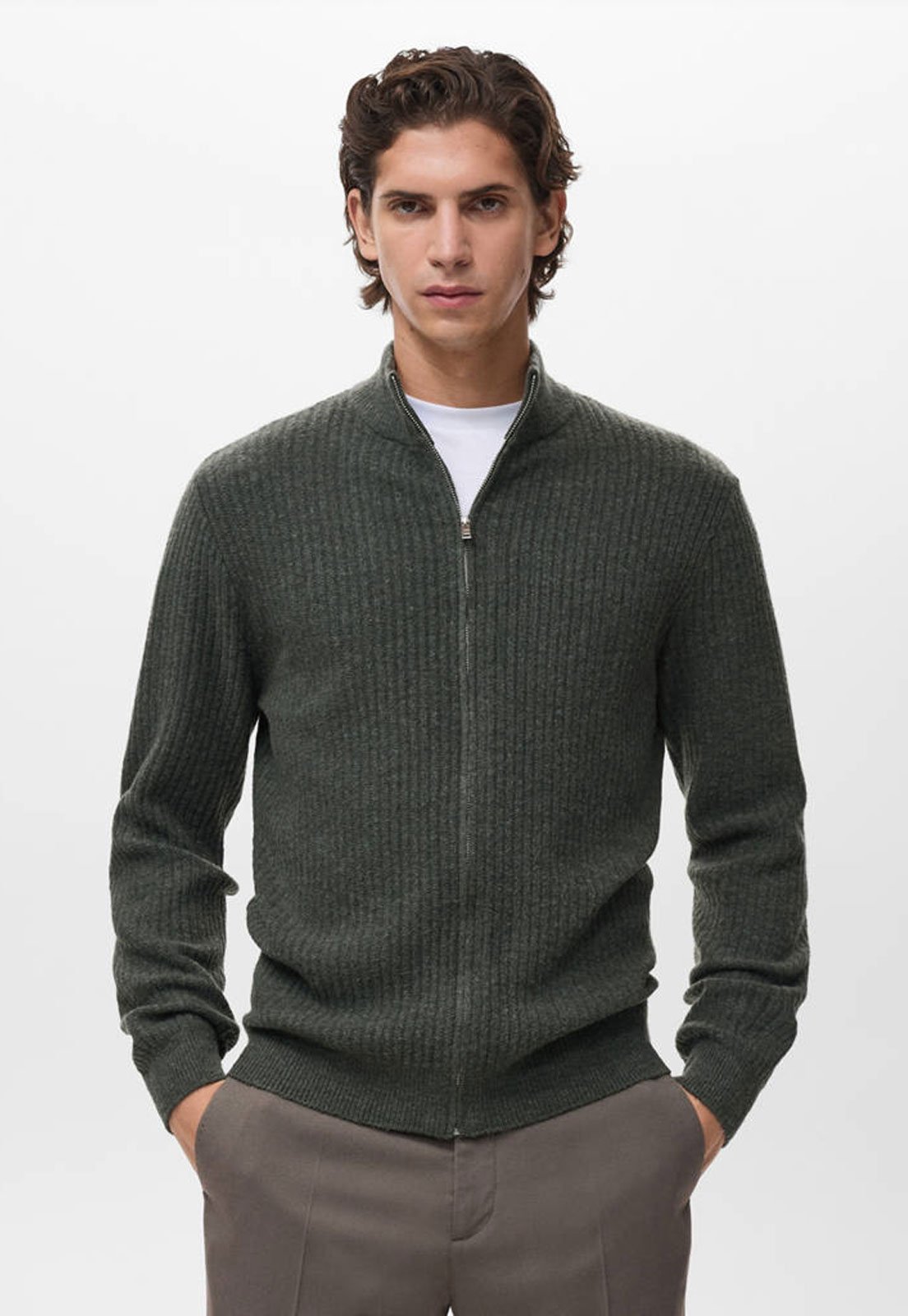 Cardigan Masculino Mango Zíper Gola Alta Verde