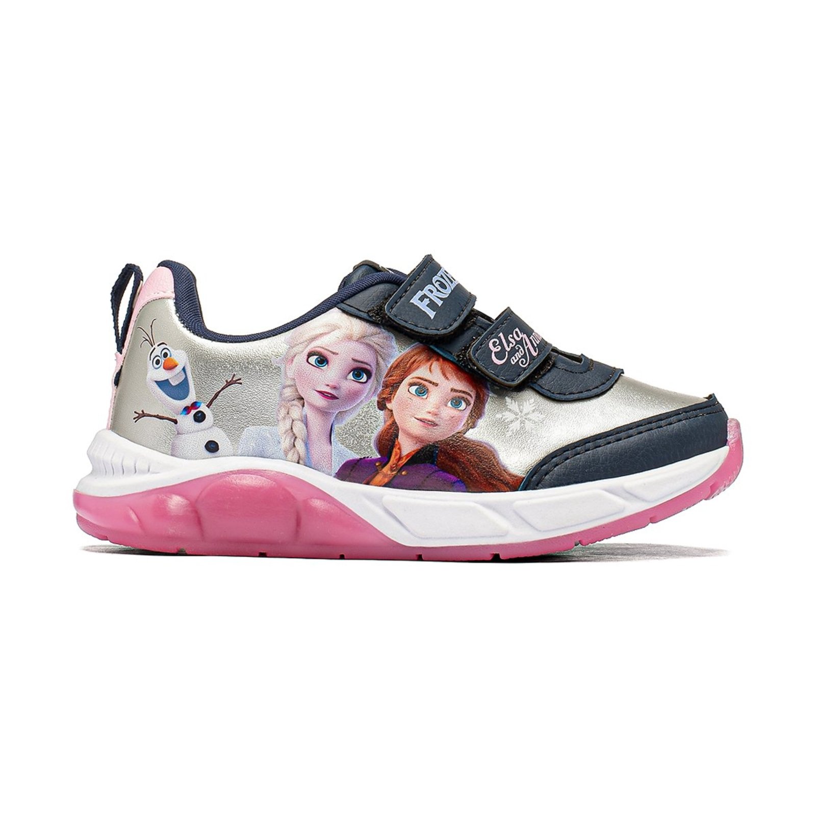Infantil - Tênis Disney Frozen Elsa Anna Olaf com LED Prata e Rosa Casual com Duas Faixas Aderentes Solado Light Leve e Confortável DFR06DY