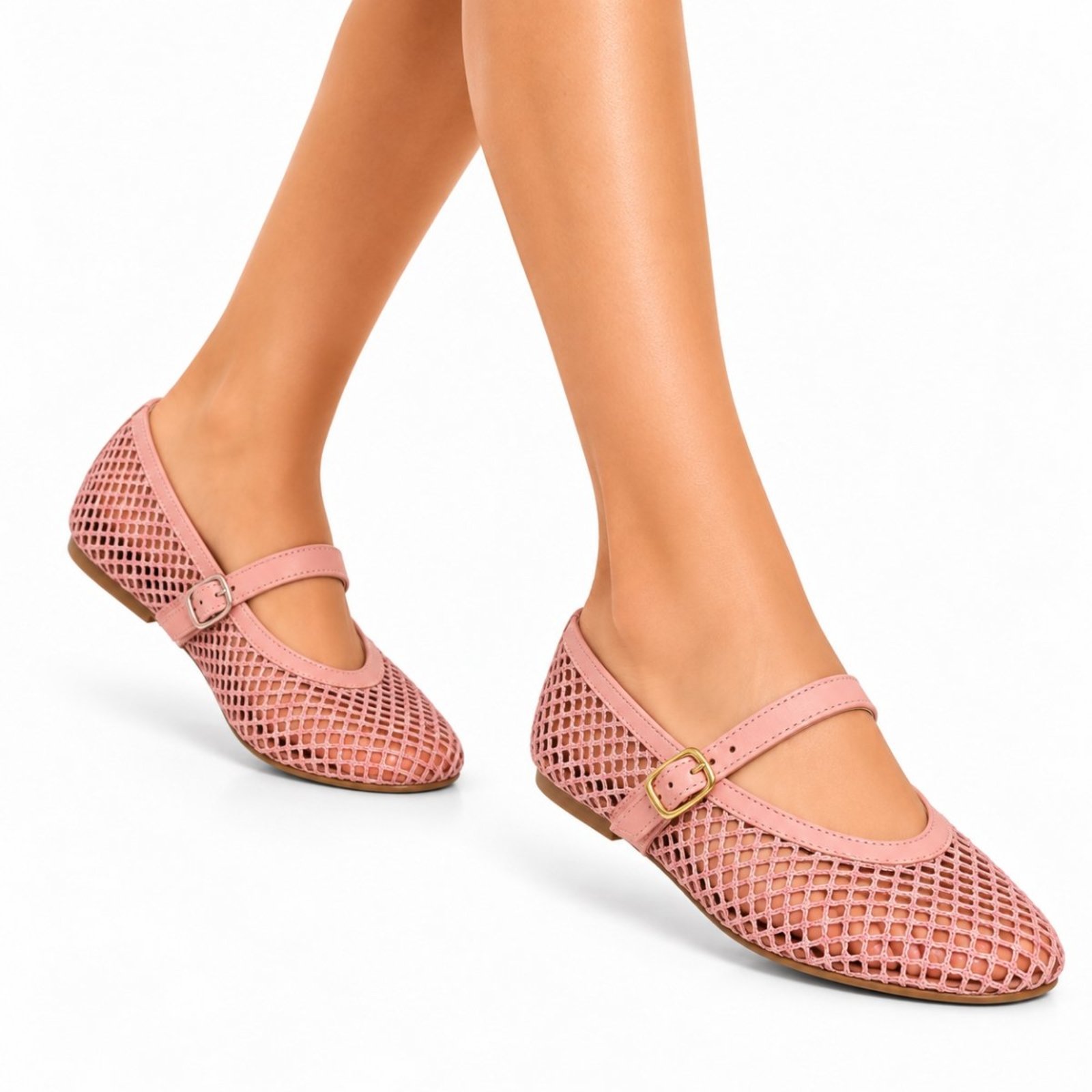 Sapatilha Sete Sales Estilo Boneca Bico Fino em Telinha Tira Com Fivela 5400 Rosa Claro