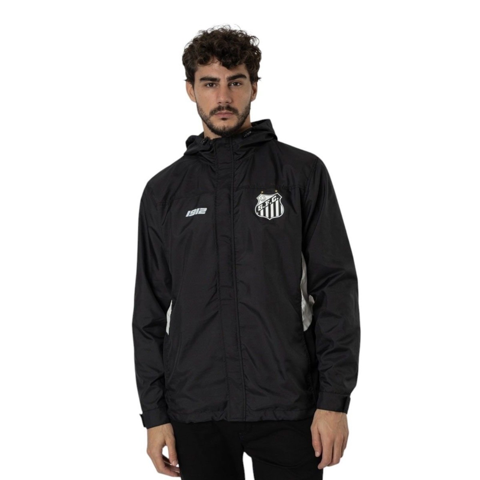 Jaqueta Corta Vento Masculina Santos 1912 Surf Center Preto Branco