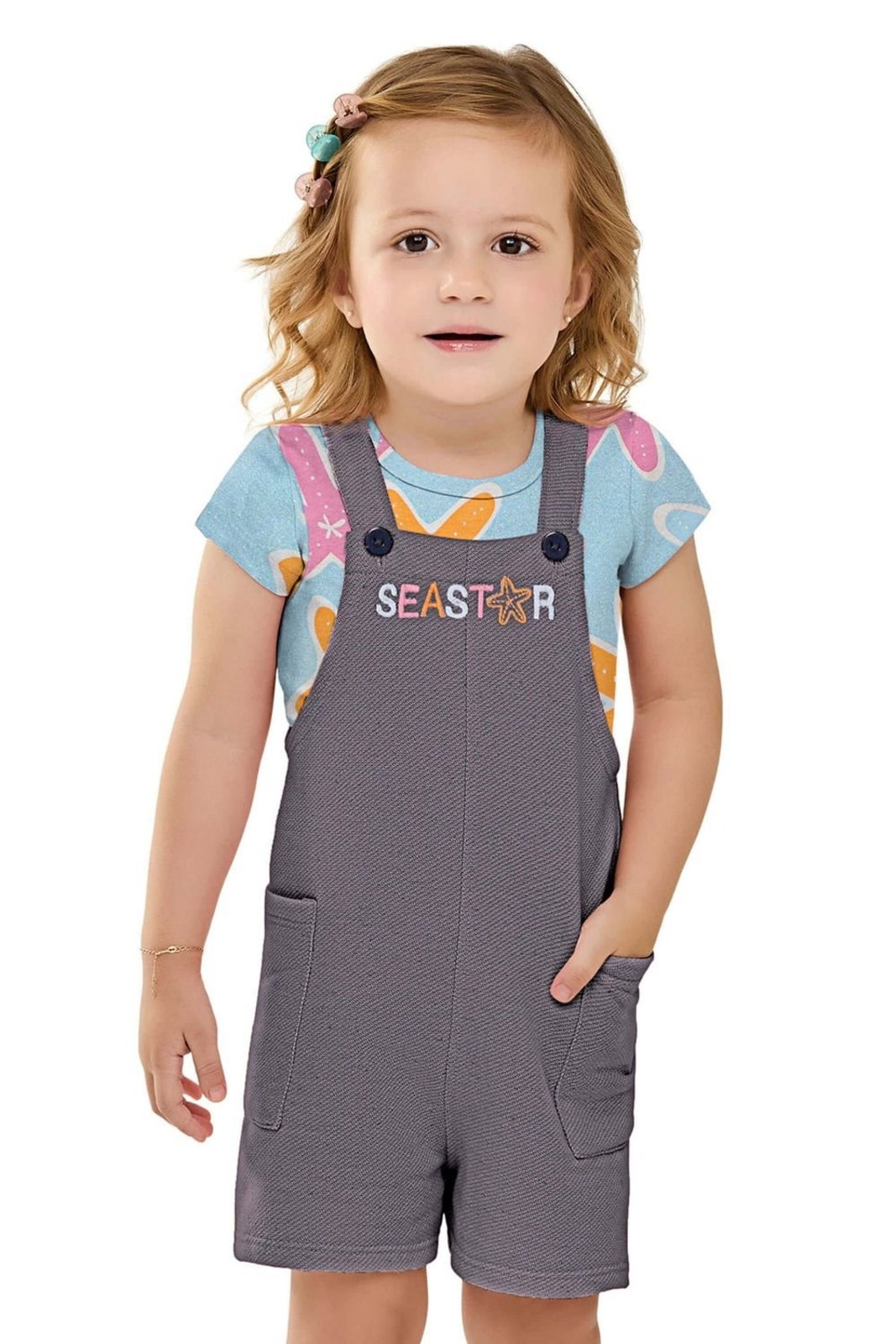 Infantil – Conjunto Menina Jardineira e Blusa Estrelas Elian Cinza