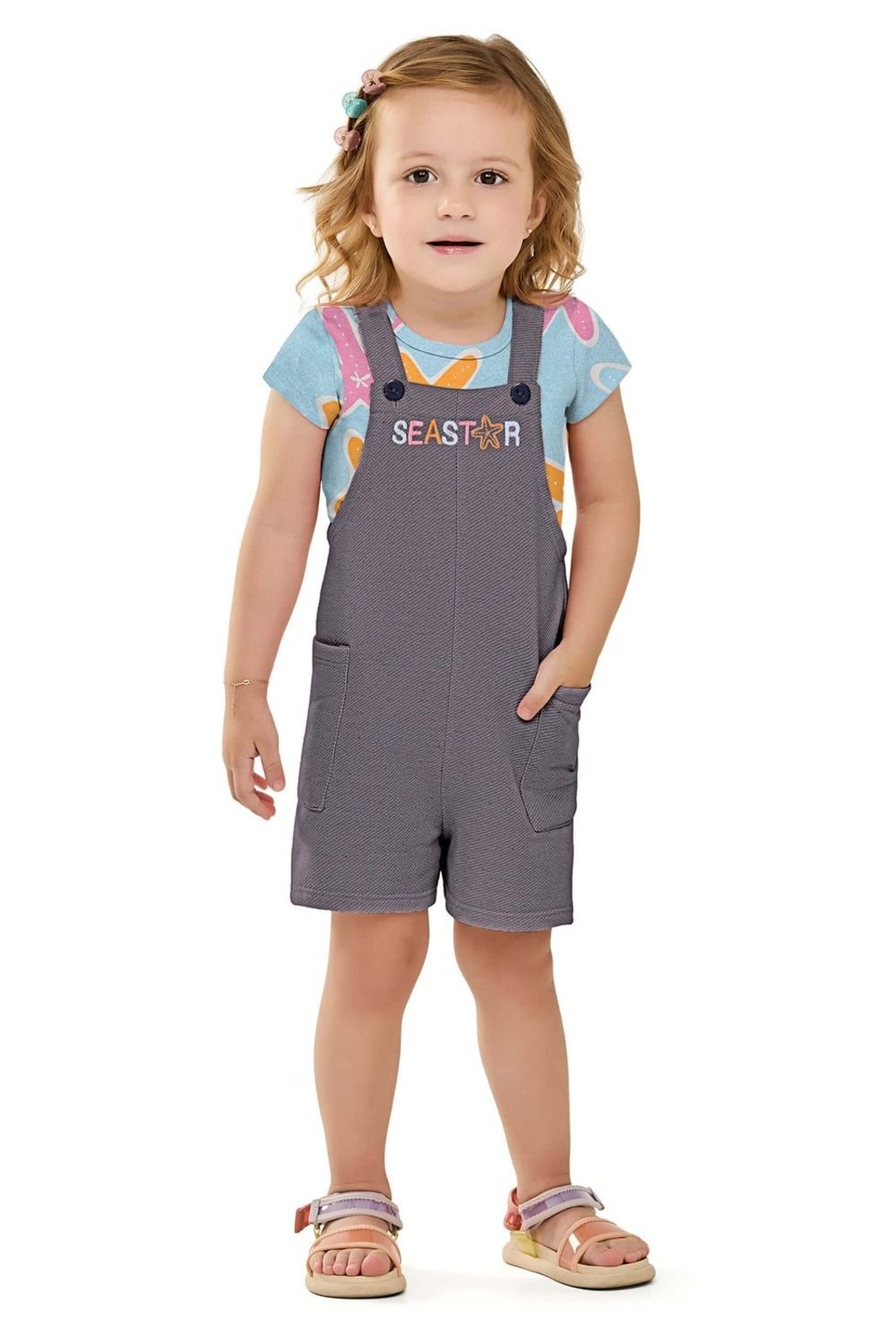 Vista 3 Infantil - Conjunto Menina Jardineira e Blusa Estrelas Elian cinza Elian cinza