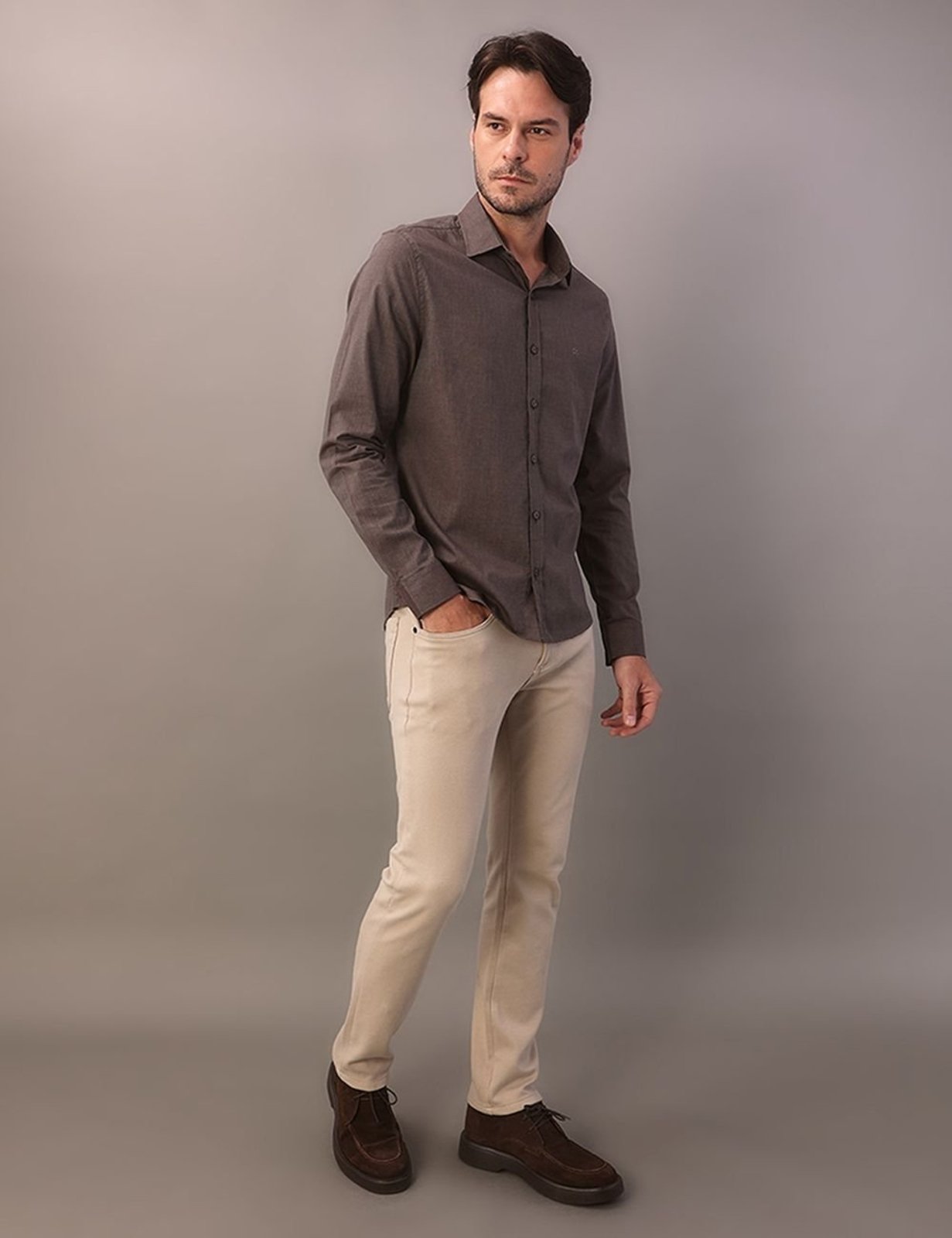 Camisa Manga Longa Masculino Slim Fil a Fil - Marrom Calvin Klein Jeans
