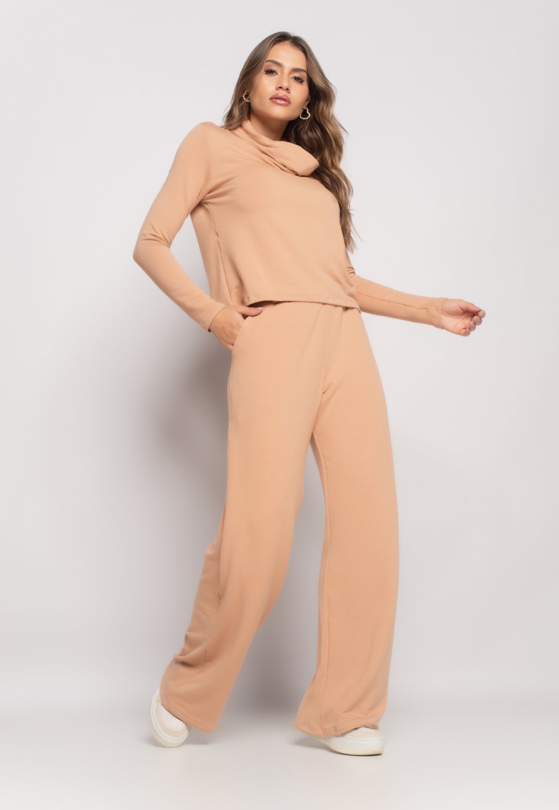 Conjunto Blusa Golão e Wide Leg Moletinho Salvatore Bege