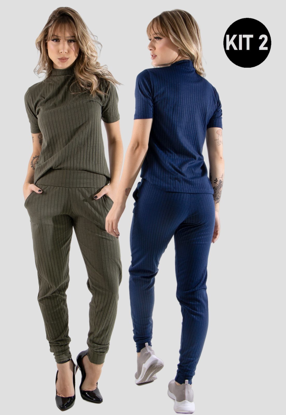 Kit 2 Conjuntos Canelado Manga Curta 4 Estações Blusa Canelada Calça Jogger Cintura Alta Liso Azul Marinho/Verde