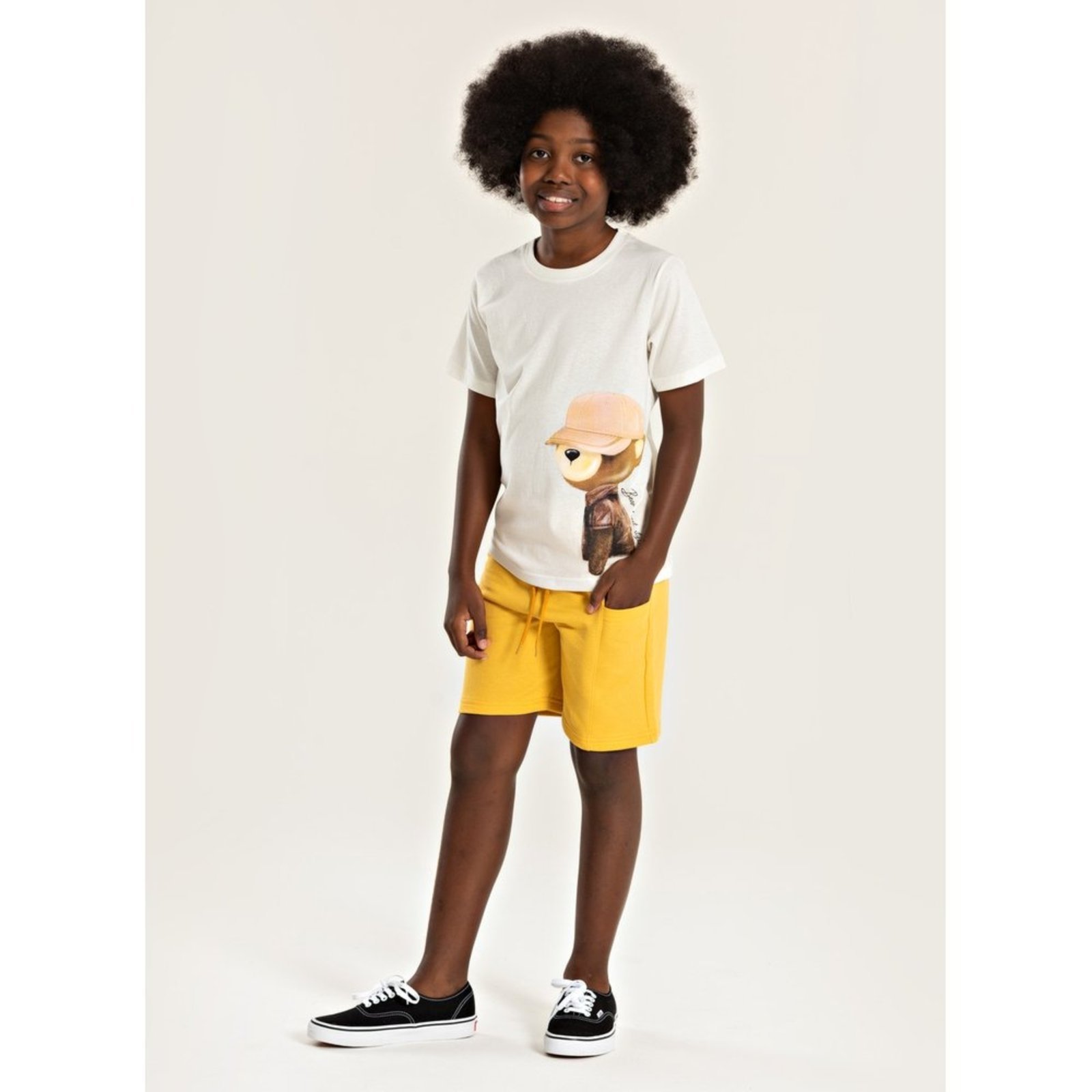 Infantil – Conjunto Verão Menino Natural Camiseta e Bermuda Com Bolso Urso Descolado