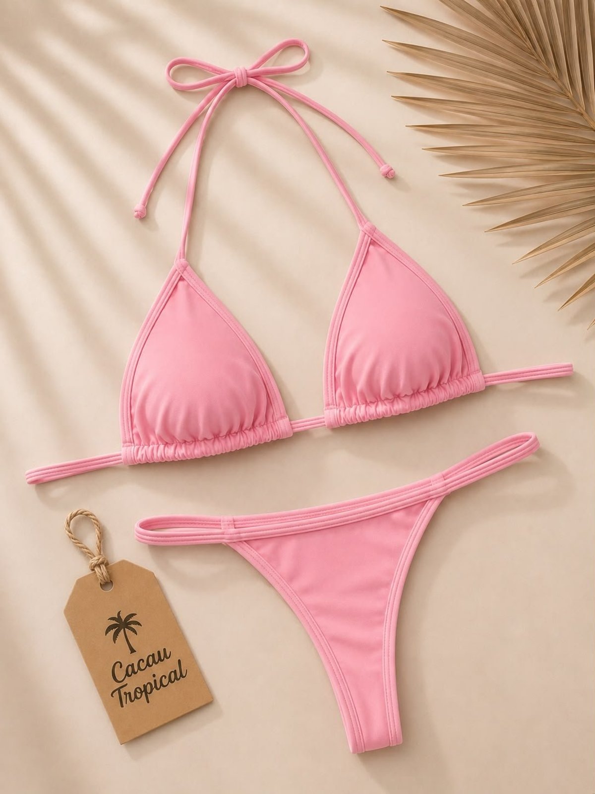 Biquíni Rosa Claro Feminino Cacau Tropical Top Cortininha com Calcinha Fita para Bronzeamento Moda Praia