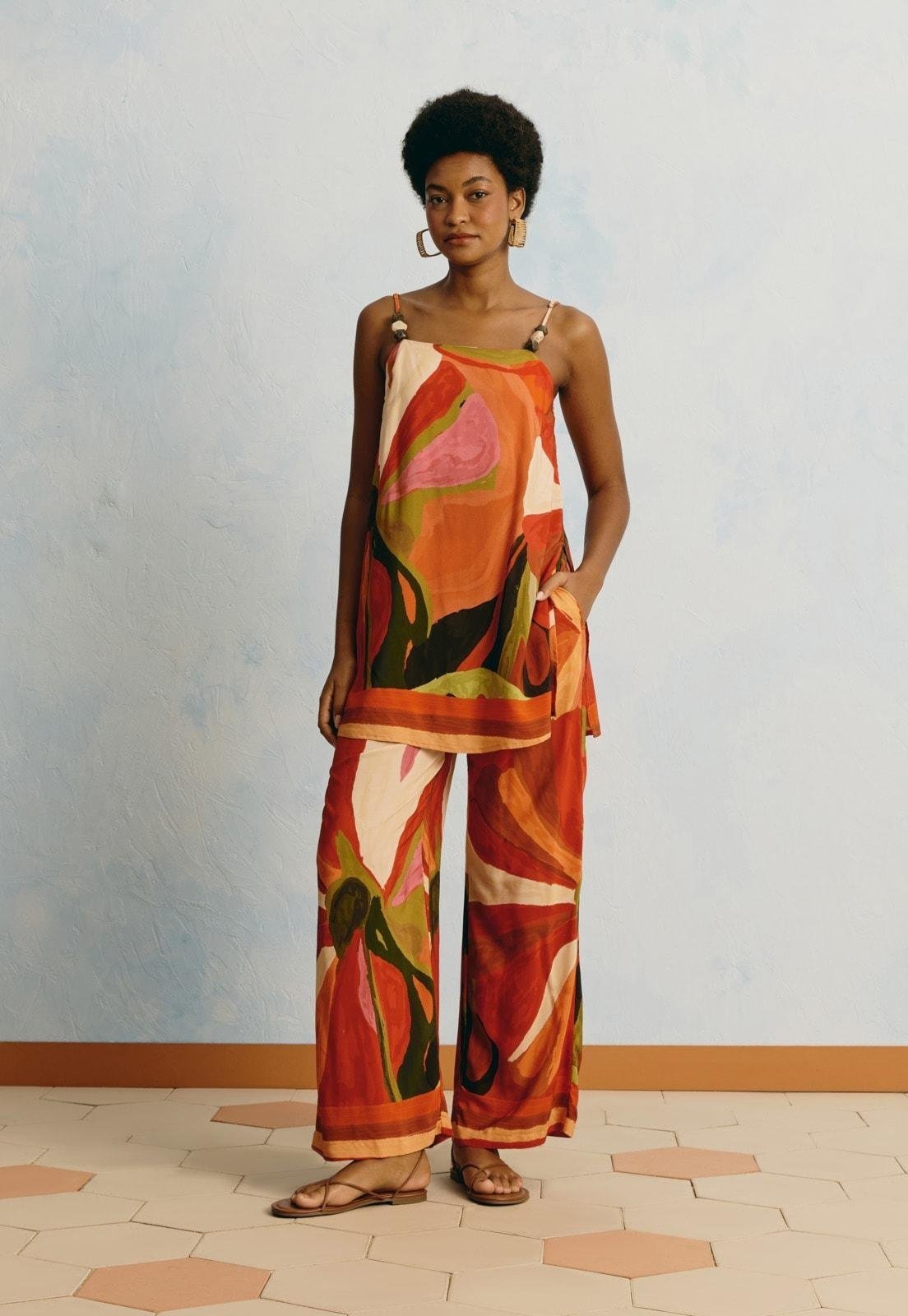 Veste Alças Estampada Latina Laranja