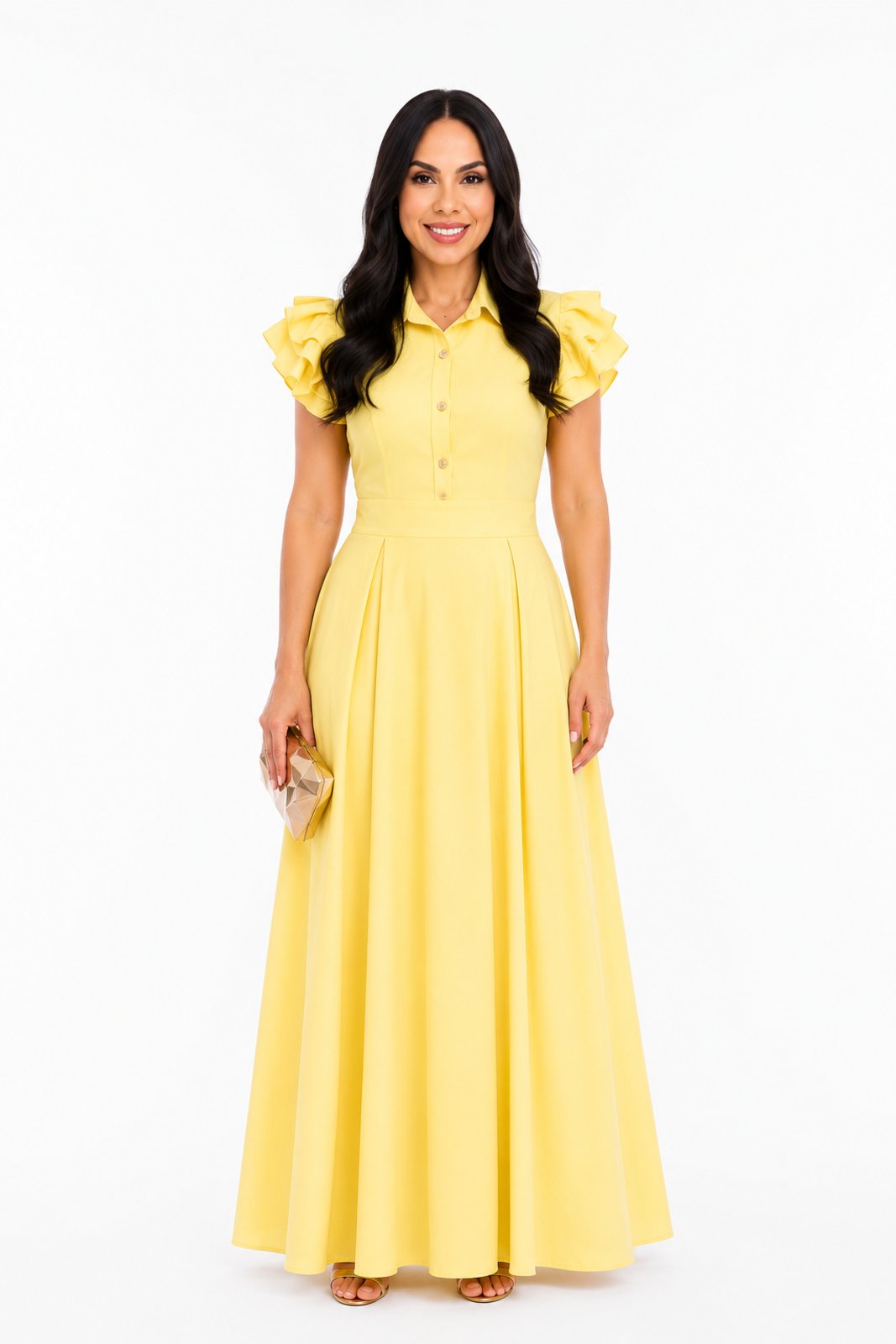 Vestido Feminino D Bell Outlet Fashion Com Botão Amarelo