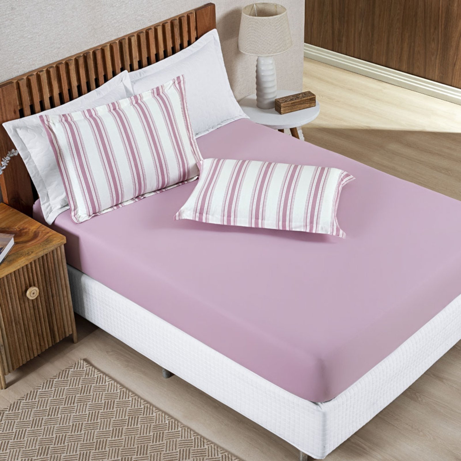 Jogo Cama Lençol Casa Scarpa Daily King Malha Algodão Listrado 3 Peças - Rosê