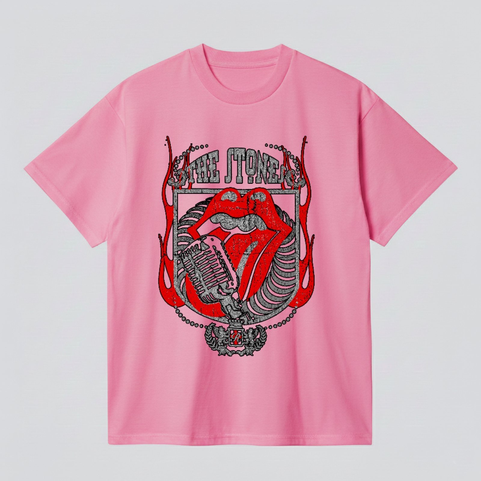 Camiseta Básica Rock And Roll Lips Vintage Unissex Rosa
