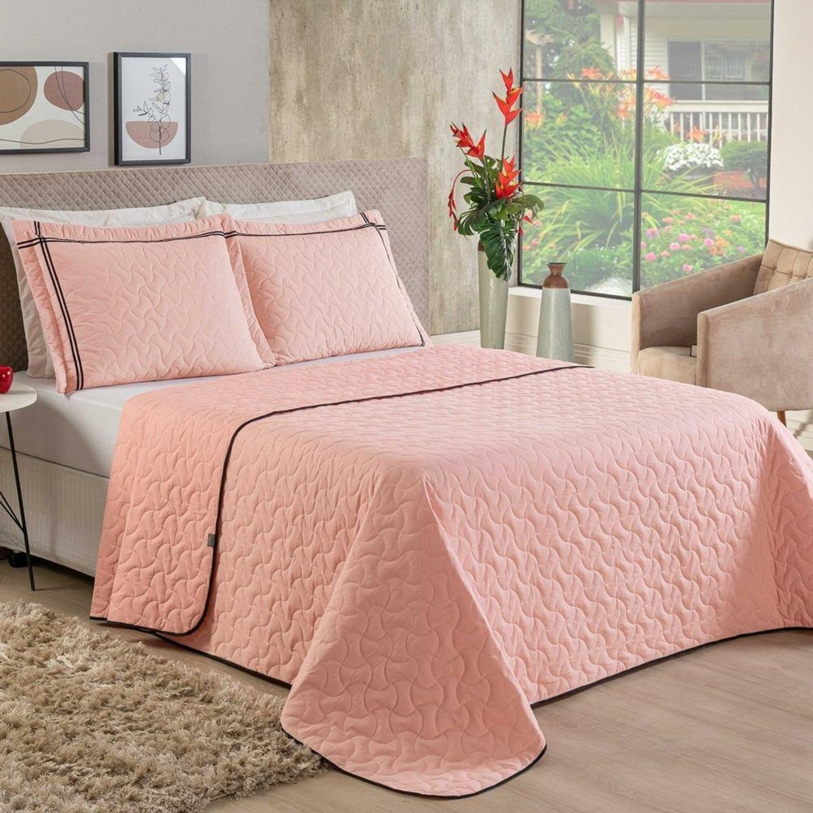 Cobre Leito Queen Bella 100% Algodão 3 Peças - Rosa