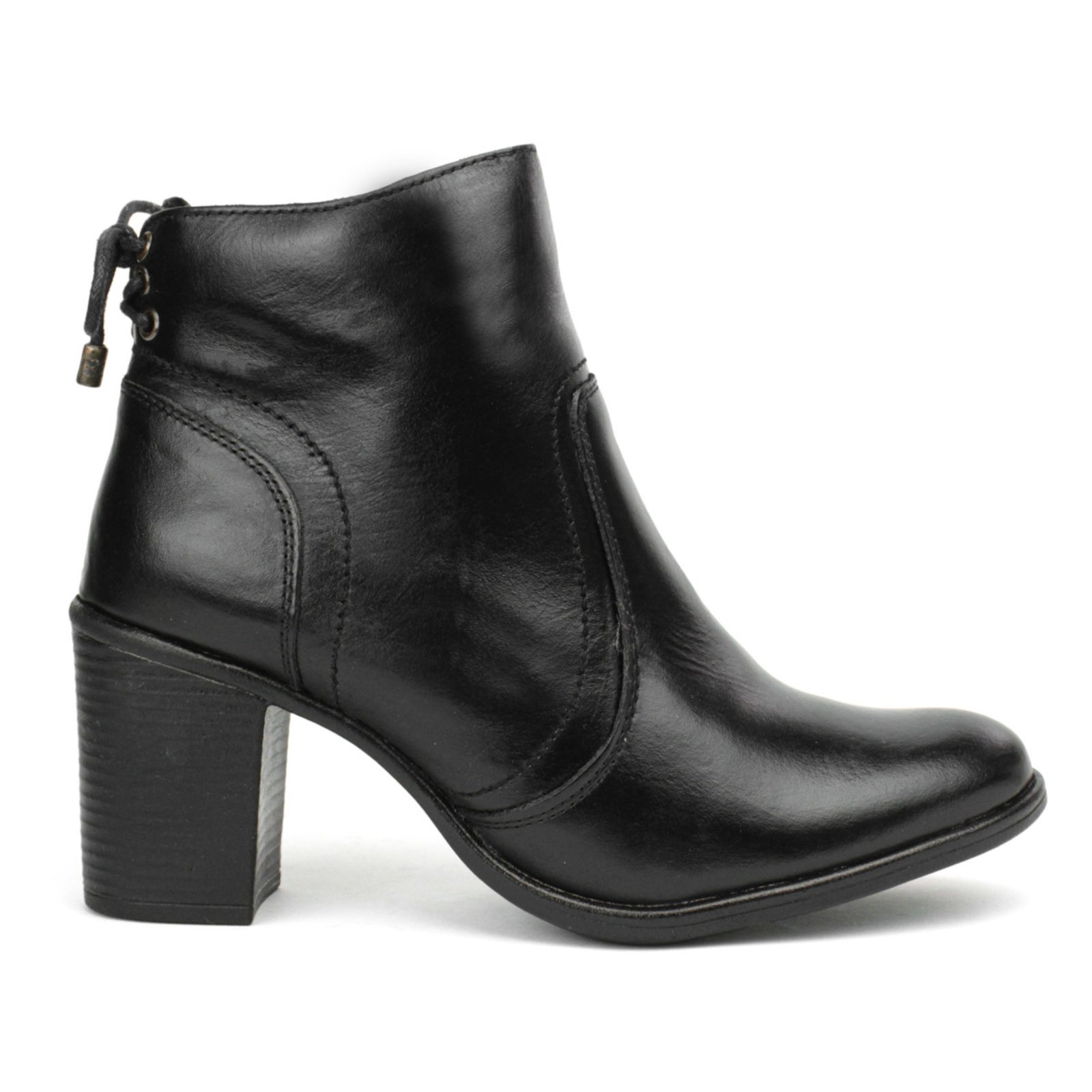 Bota Couro Feminina Cano Curto Salto Médio 7cm Bloco Fachete Amarração Casual Preto