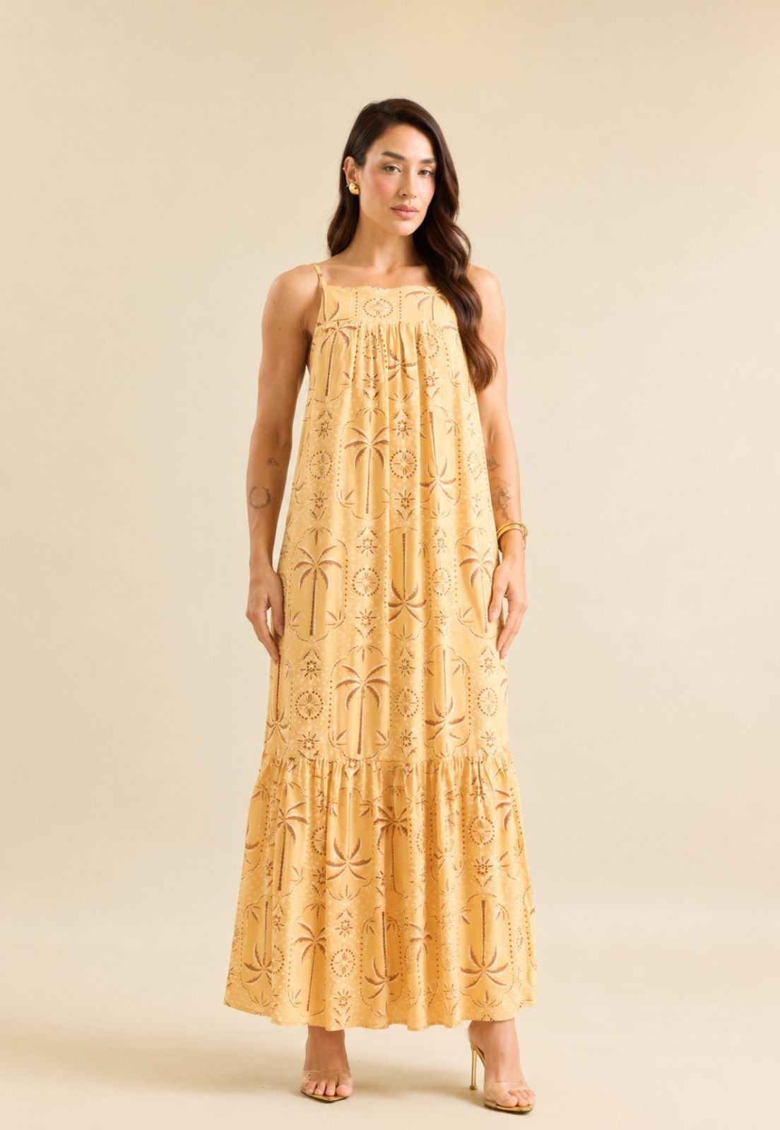 Vestido Longo Feminino Estampado com Alças Ajustáveis Lemier Collection Amarelo
