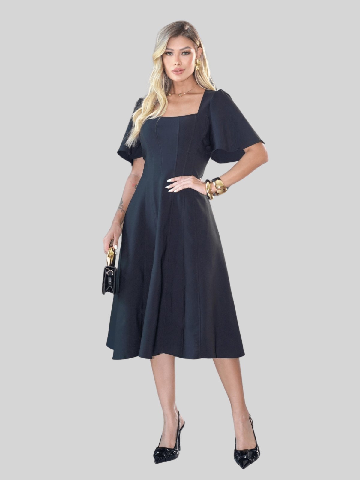 Vestido Miss e Misses Vitória Manga Sino C/ Zíper Costa Preto