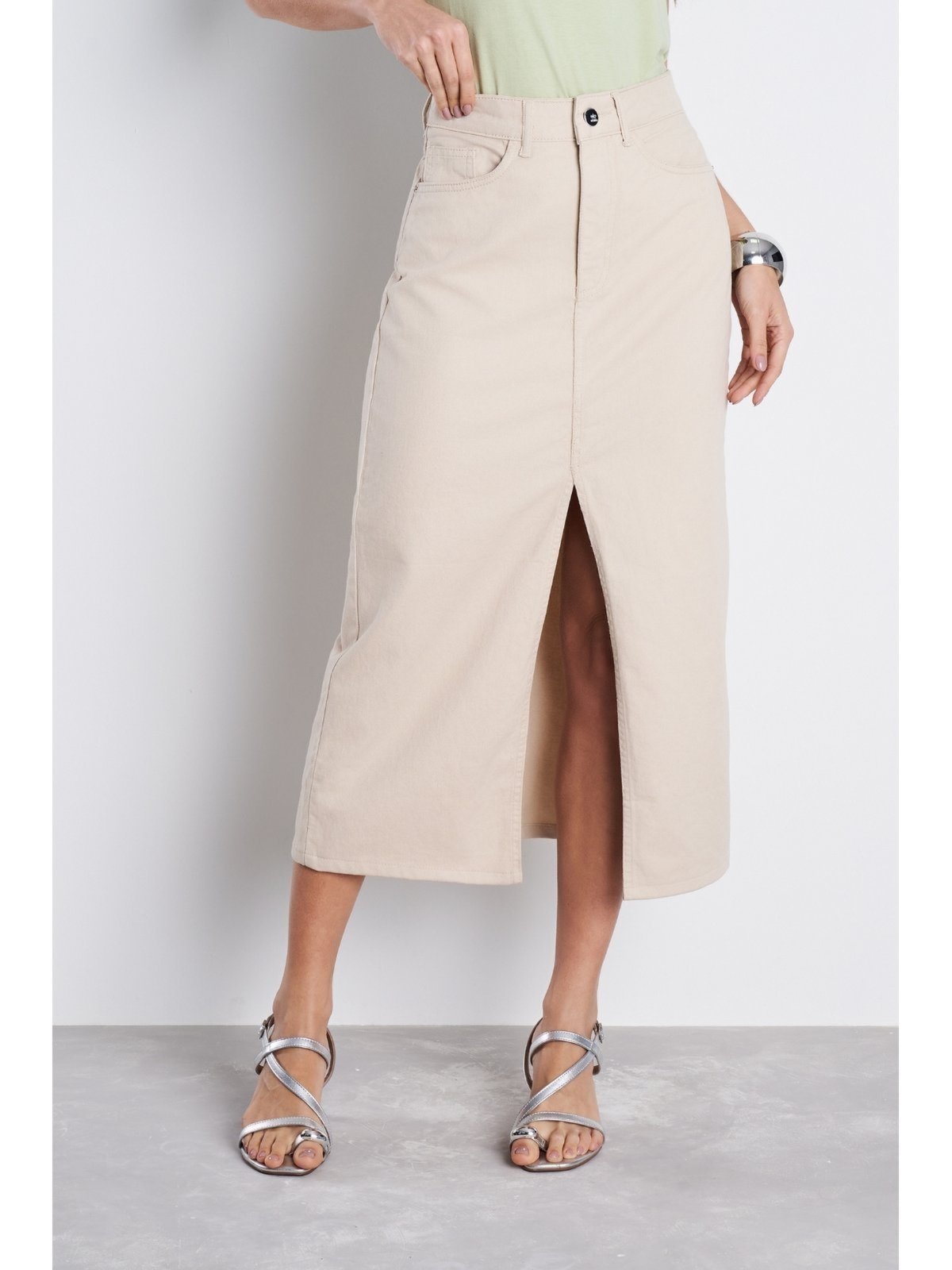 Vista 2 Saia Midi Jeans Feminina Cintura Alta NEW DENIM bege NEW DENIM bege